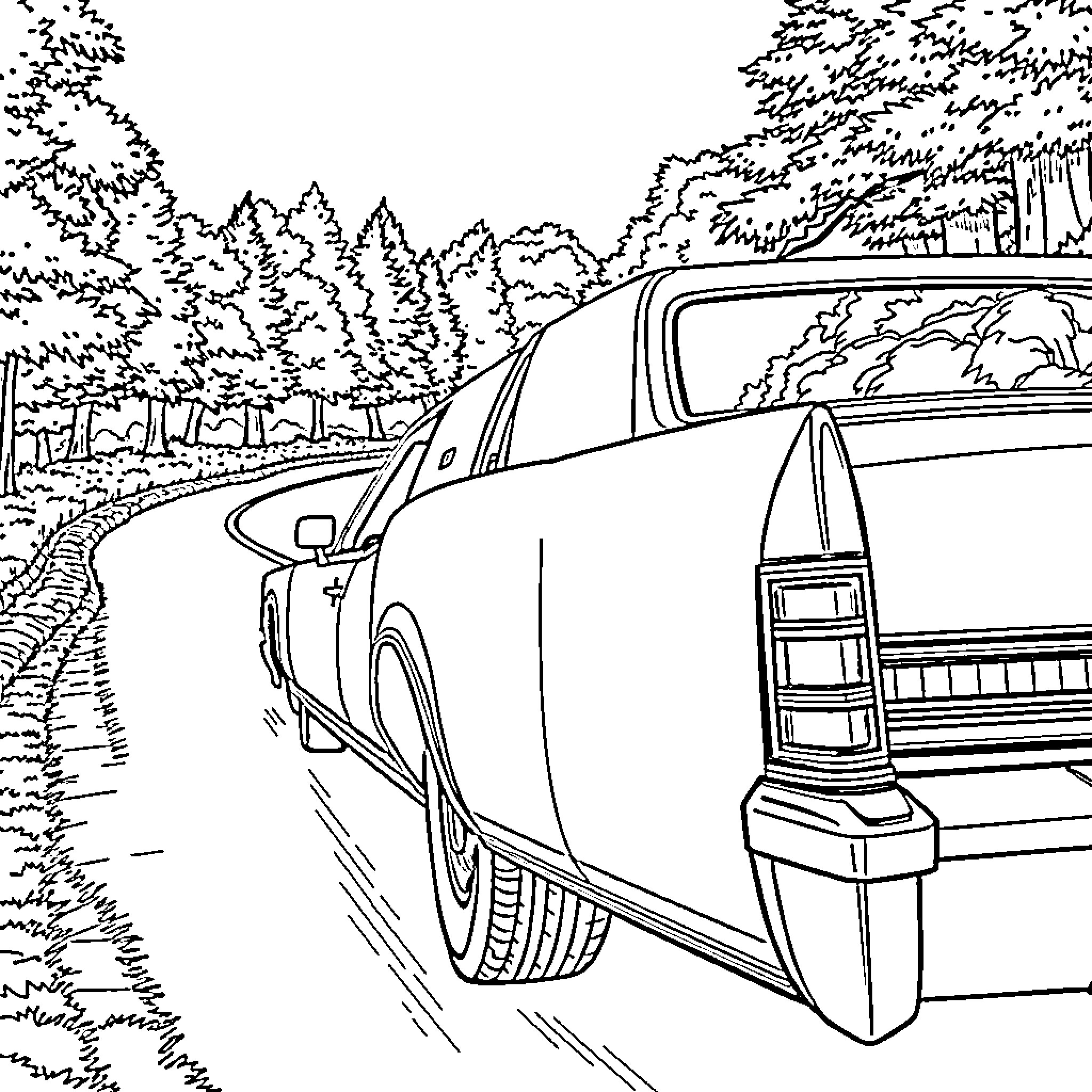 Lincoln Cruising Down the Rural Road Coloring Page (free black-and-white line drawing printable PDF for all, from beginners to advanced learners, including children, teens, adults, and seniors)