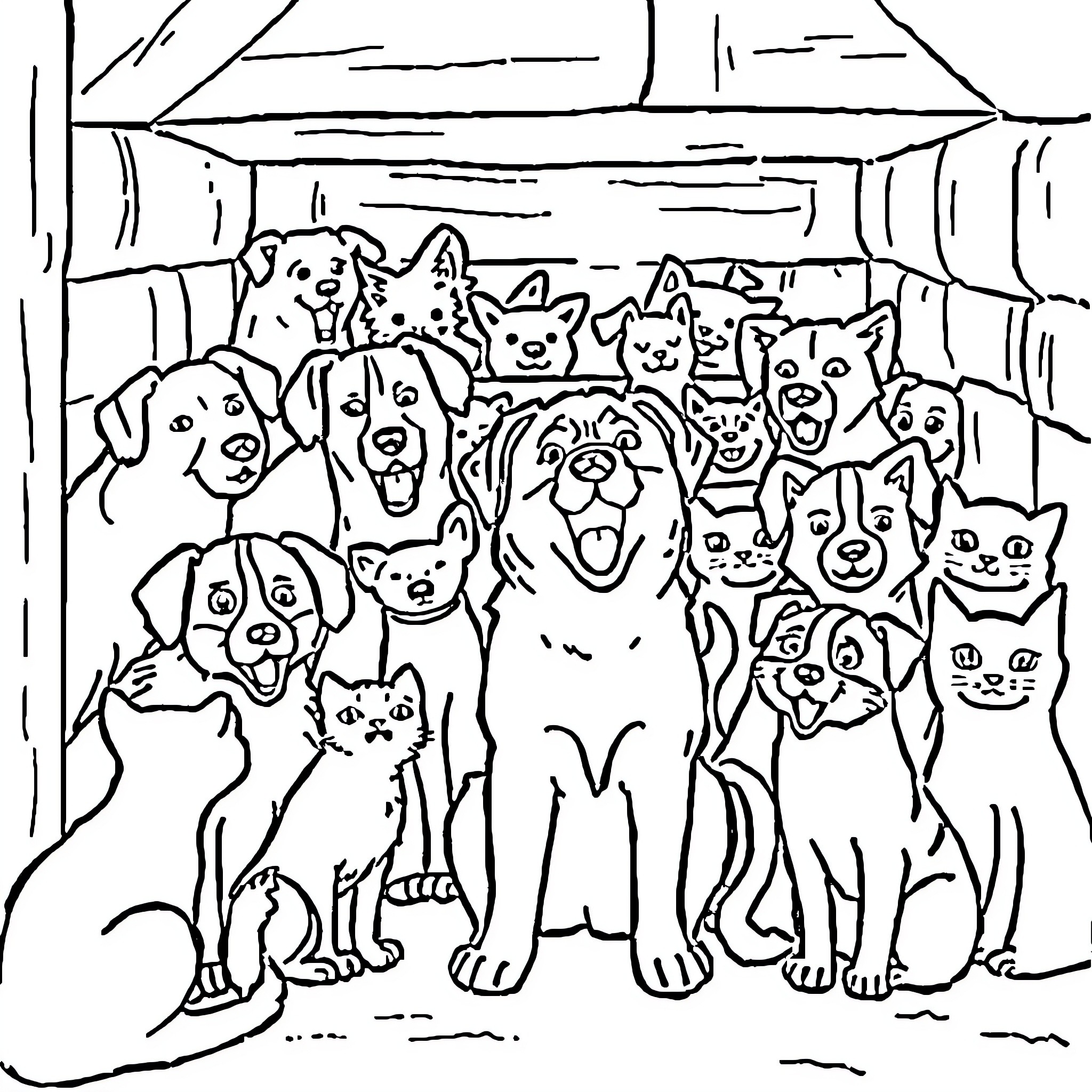Animal group of various pets posing together Coloring Page (free black-and-white line drawing printable PDF for all, from beginners to advanced learners, including children, teens, adults, and seniors)