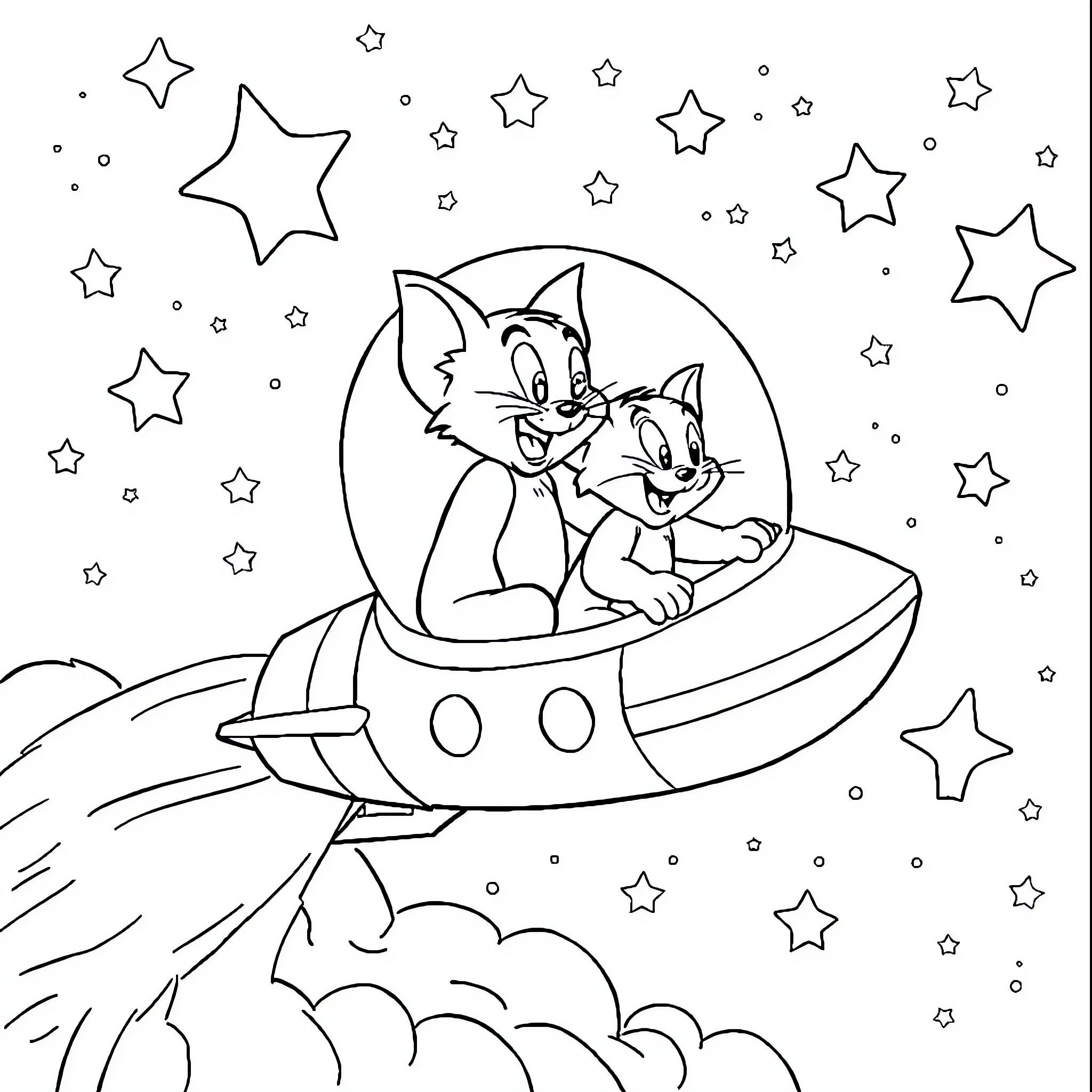 Tom and Jerry's Galactic Adventure Coloring Page (free black-and-white line drawing printable PDF for all, from beginners to advanced learners, including children, teens, adults, and seniors)