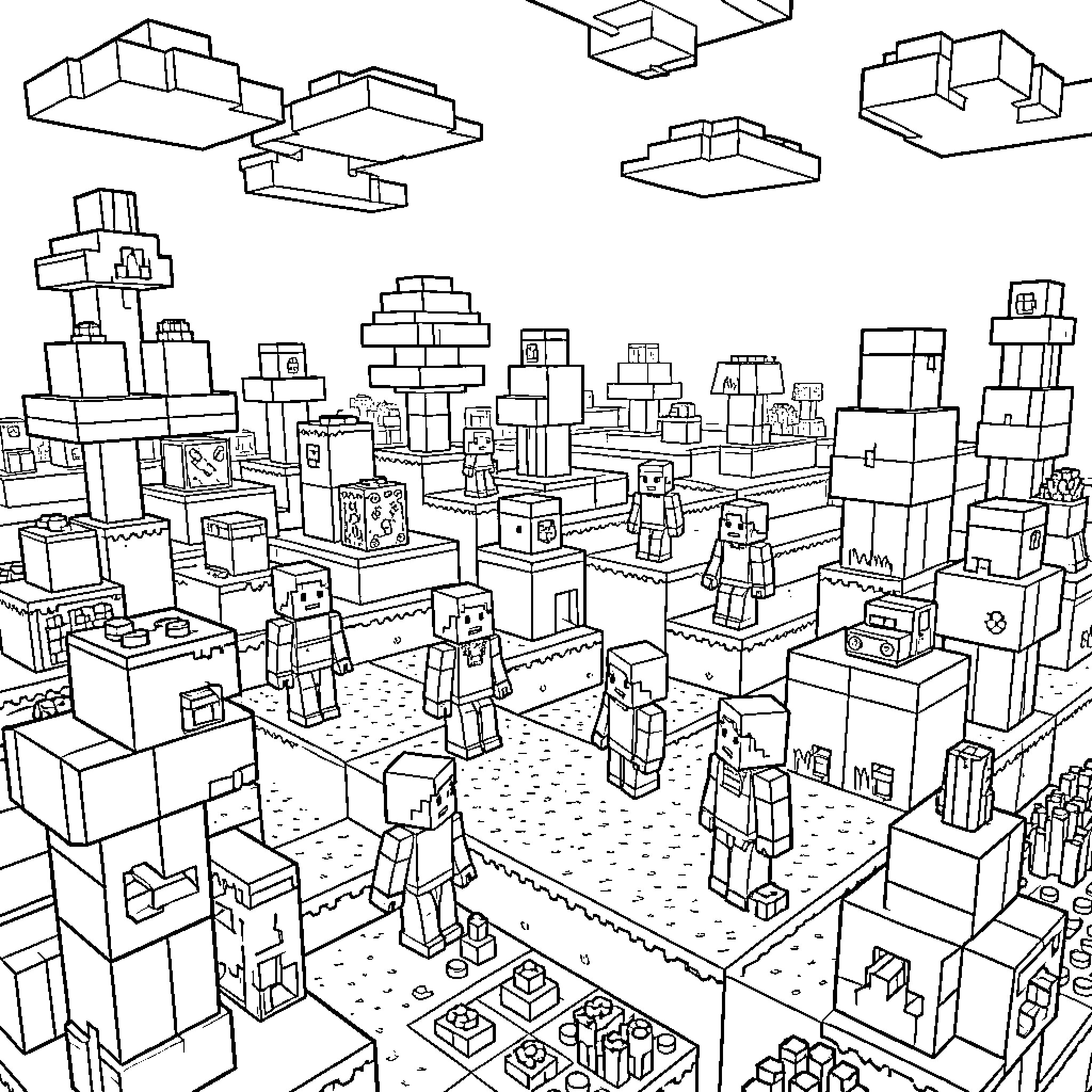 Minecraft City of Geometric Structures and Figures Coloring Page (free black-and-white line drawing printable PDF for all, from beginners to advanced learners, including children, teens, adults, and seniors)