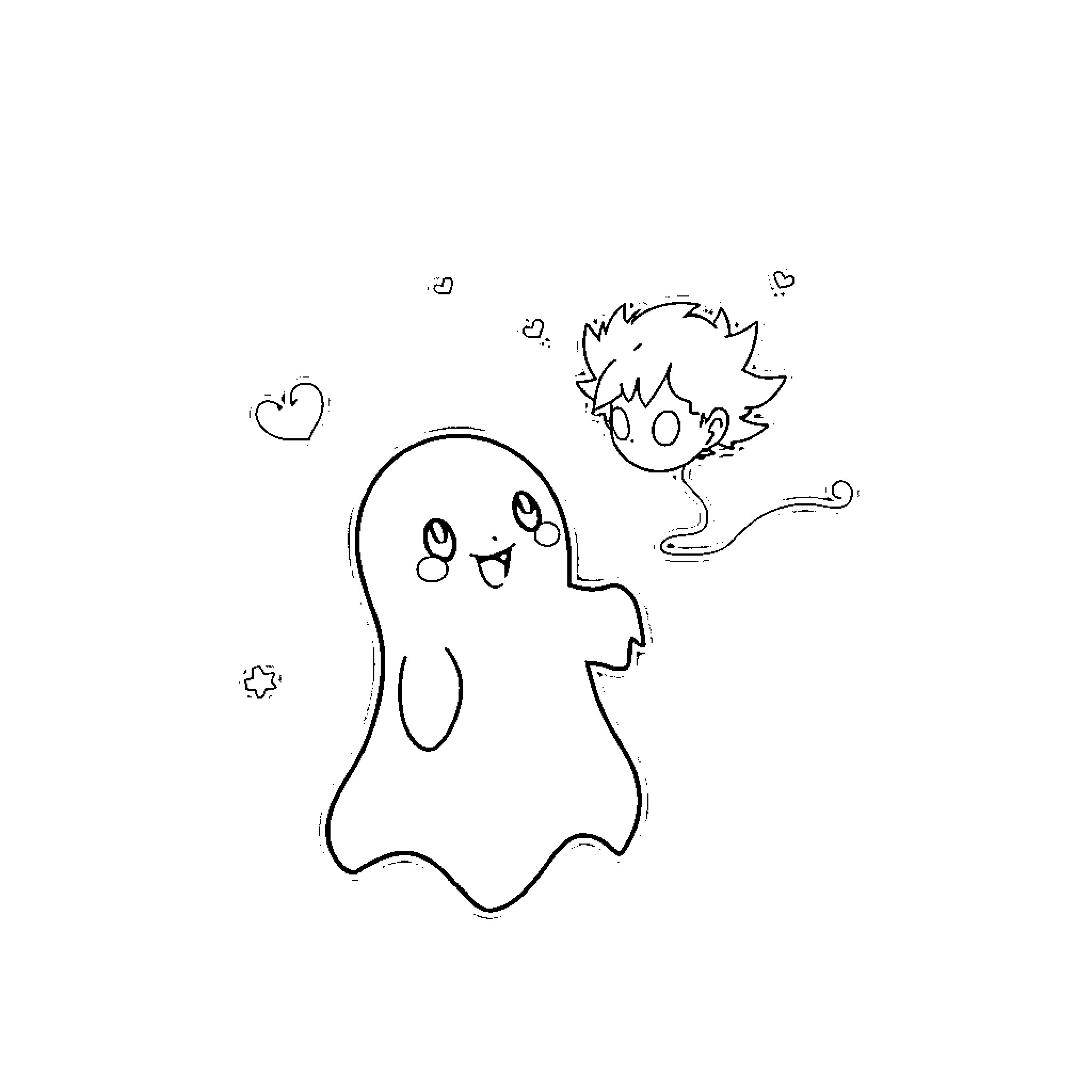 Ghost Pokemon playing joyfully with child Coloring Page (free black-and-white line drawing printable PDF for all, from beginners to advanced learners, including children, teens, adults, and seniors)