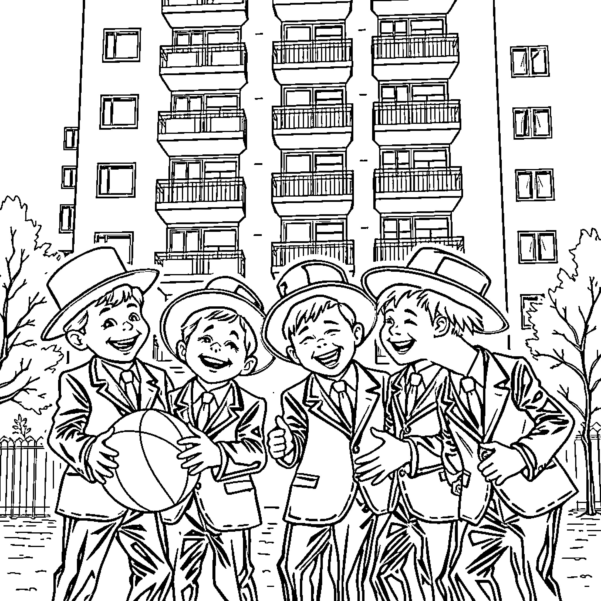 Boys in Suits Celebrating on City Street Coloring Page (free black-and-white line drawing printable PDF for all, from beginners to advanced learners, including children, teens, adults, and seniors)