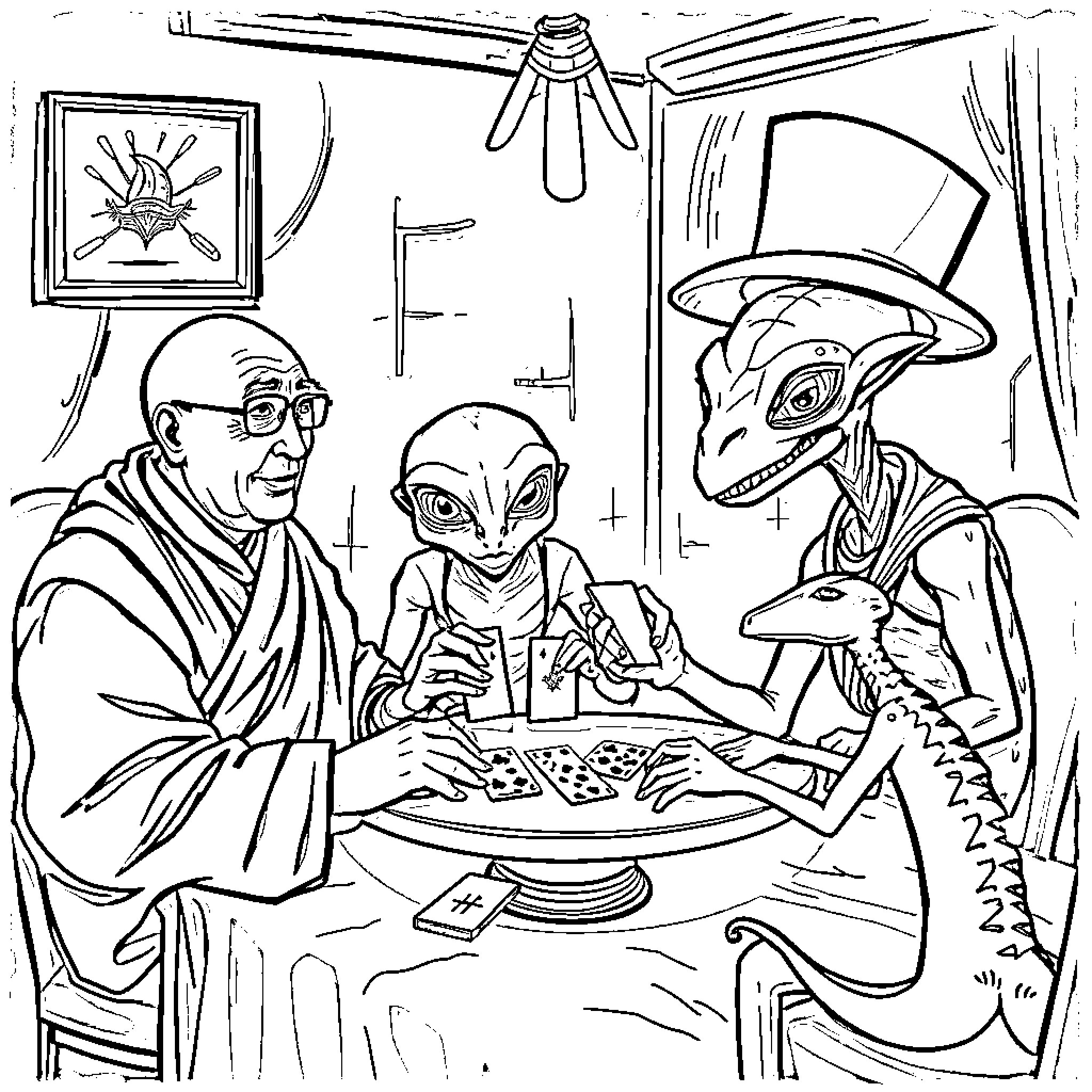 Dalai Lama interacting with alien guests over a meal Coloring Page (free black-and-white line drawing printable PDF for all, from beginners to advanced learners, including children, teens, adults, and seniors)