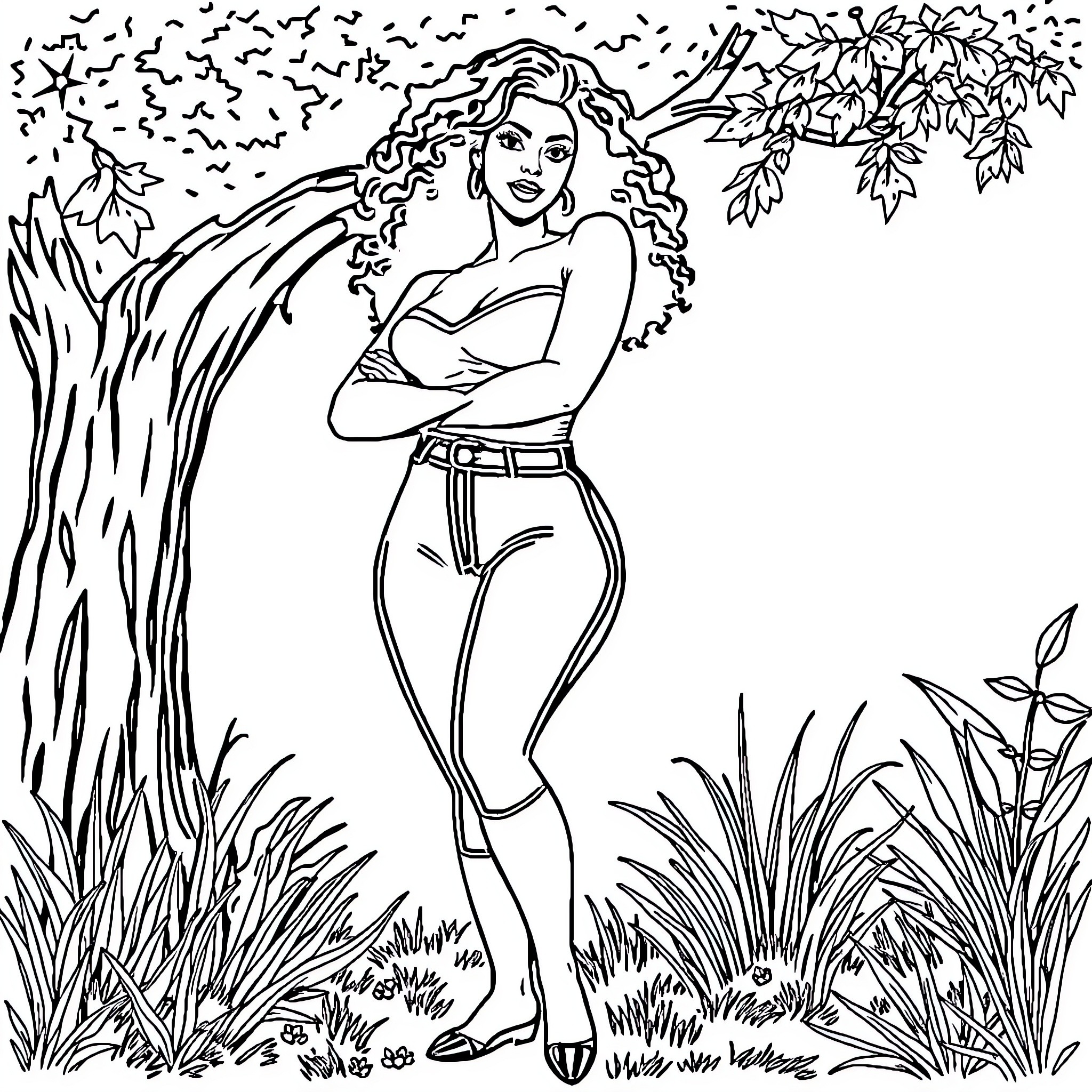 Bbw posing confidently in nature's embrace Coloring Page (free black-and-white line drawing printable PDF for all, from beginners to advanced learners, including children, teens, adults, and seniors)