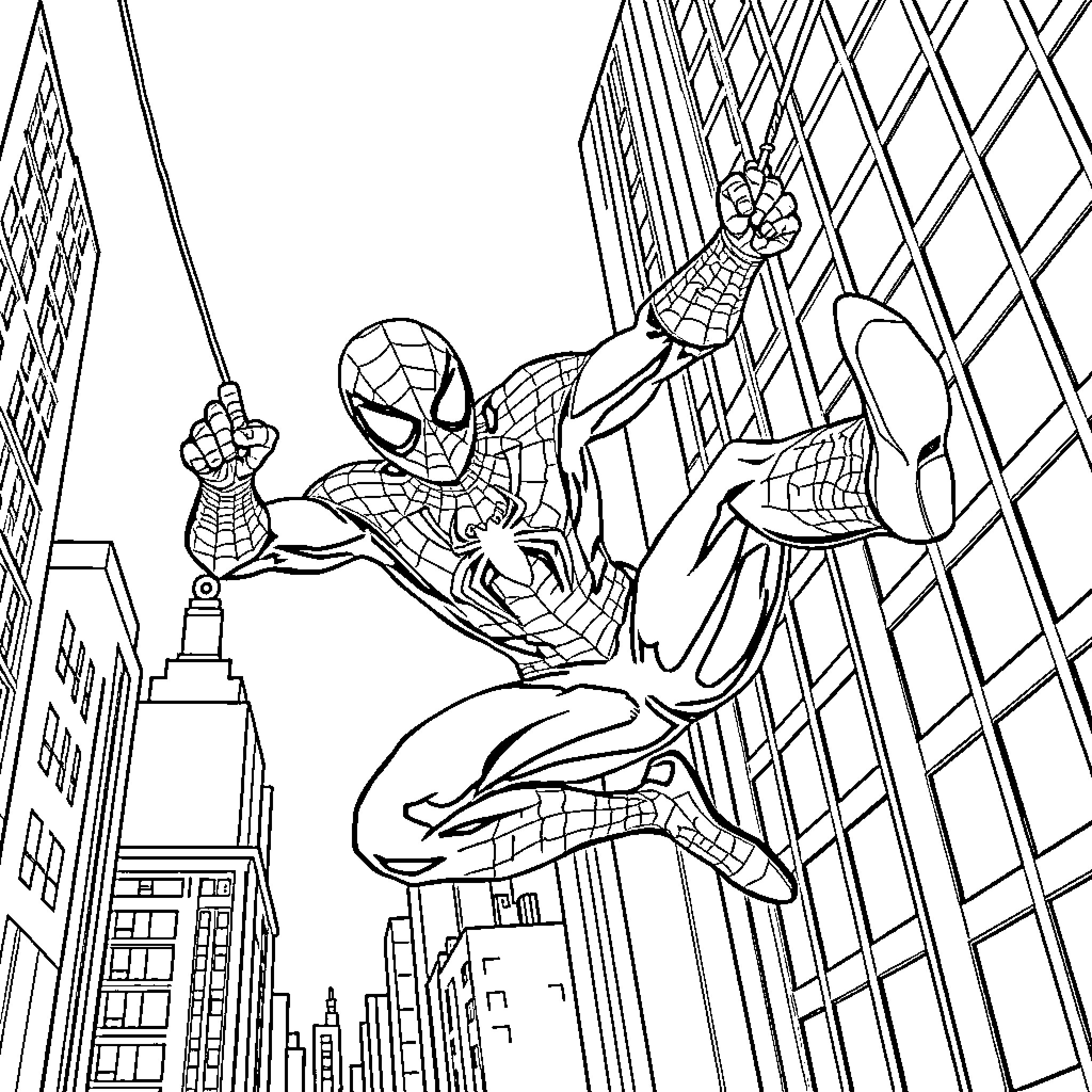 Spiderman swinging through a city of tall buildings Coloring Page (free black-and-white line drawing printable PDF for all, from beginners to advanced learners, including children, teens, adults, and seniors)