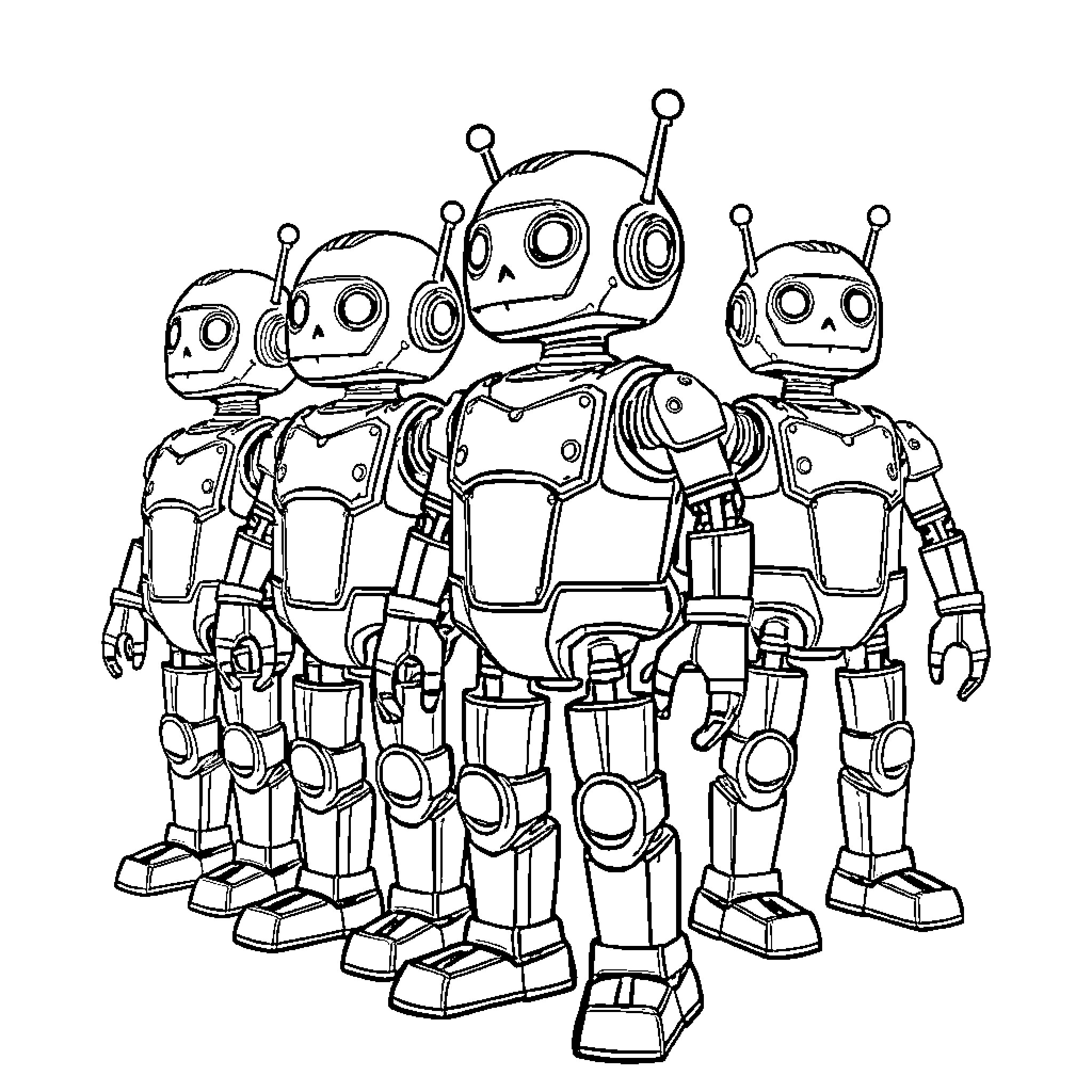 Robot army marching in formation Coloring Page (free black-and-white line drawing printable PDF for all, from beginners to advanced learners, including children, teens, adults, and seniors)