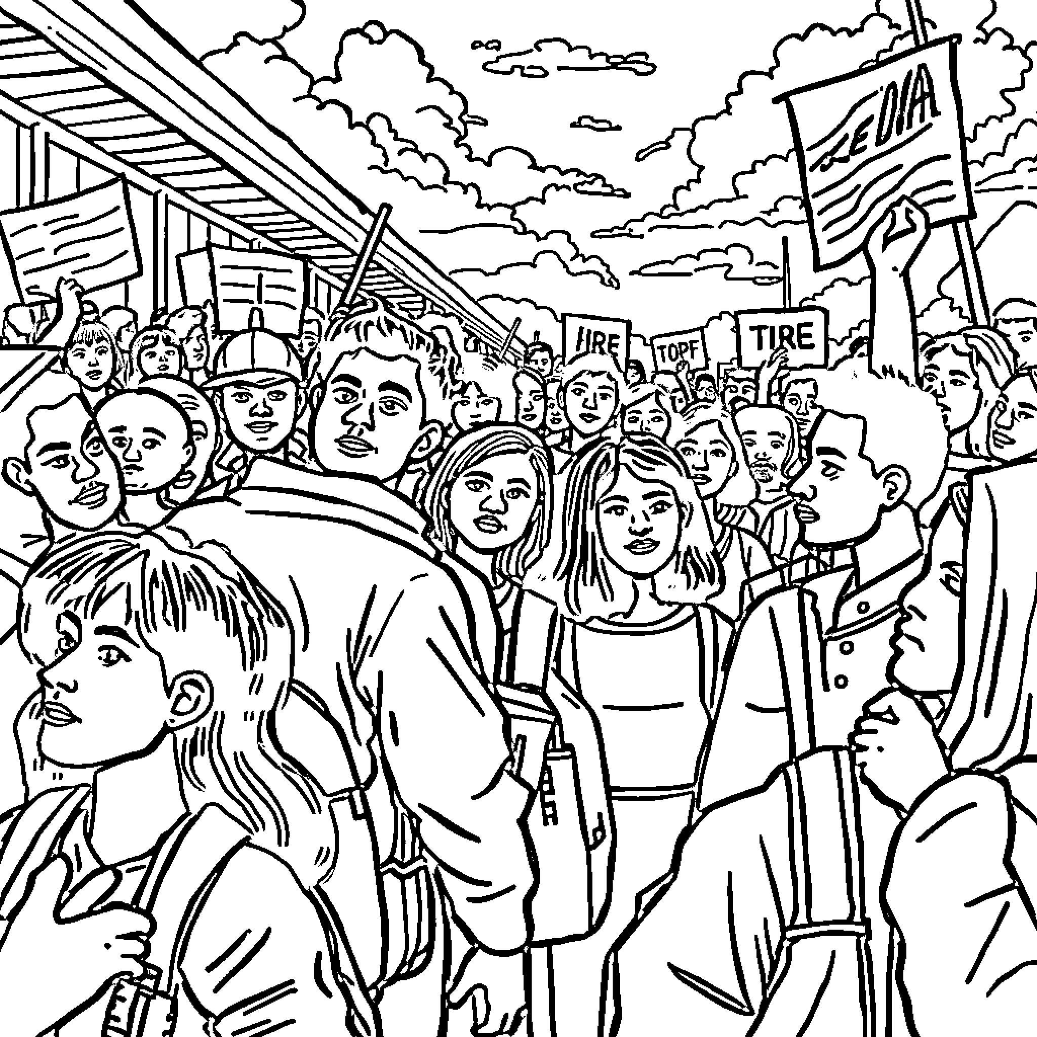 Deportation of protestors marching with flags and signs Coloring Page (free black-and-white line drawing printable PDF for all, from beginners to advanced learners, including children, teens, adults, and seniors)