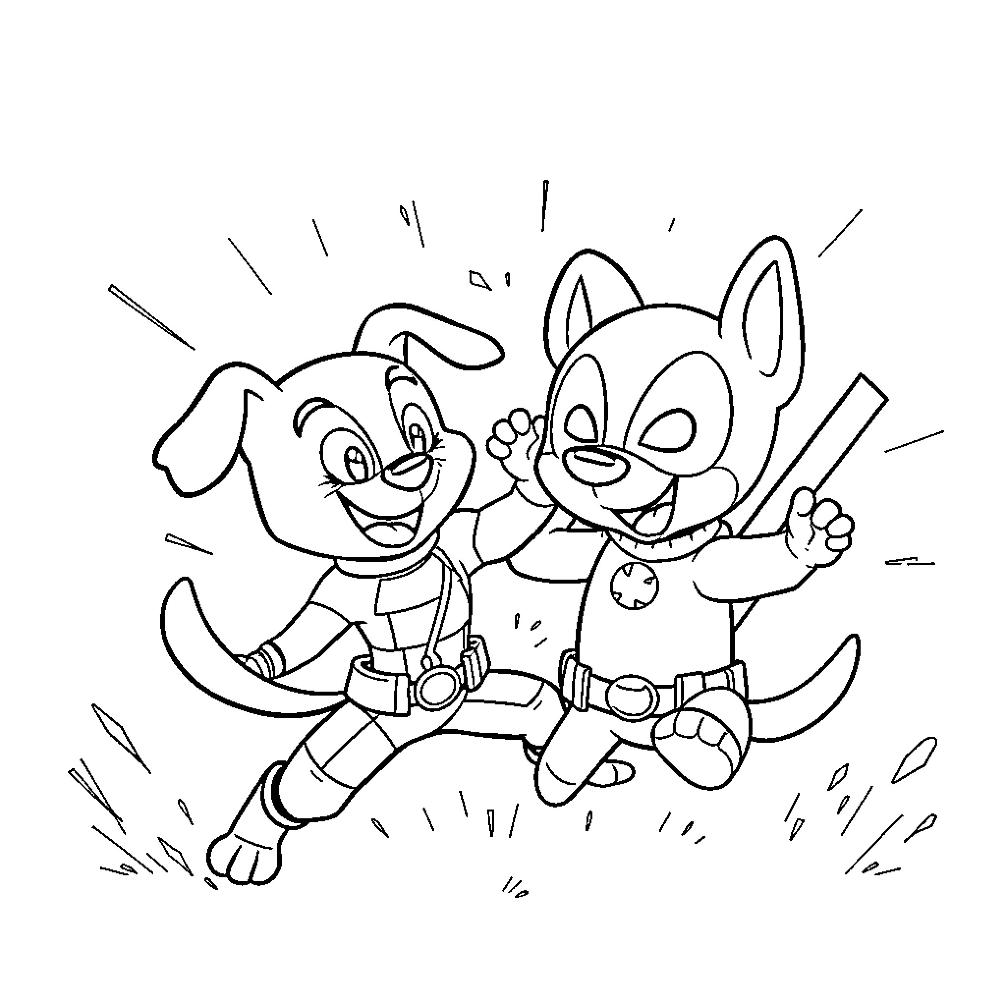 Bluey and Bingo playing happily together Coloring Page (free black-and-white line drawing printable PDF for all, from beginners to advanced learners, including children, teens, adults, and seniors)