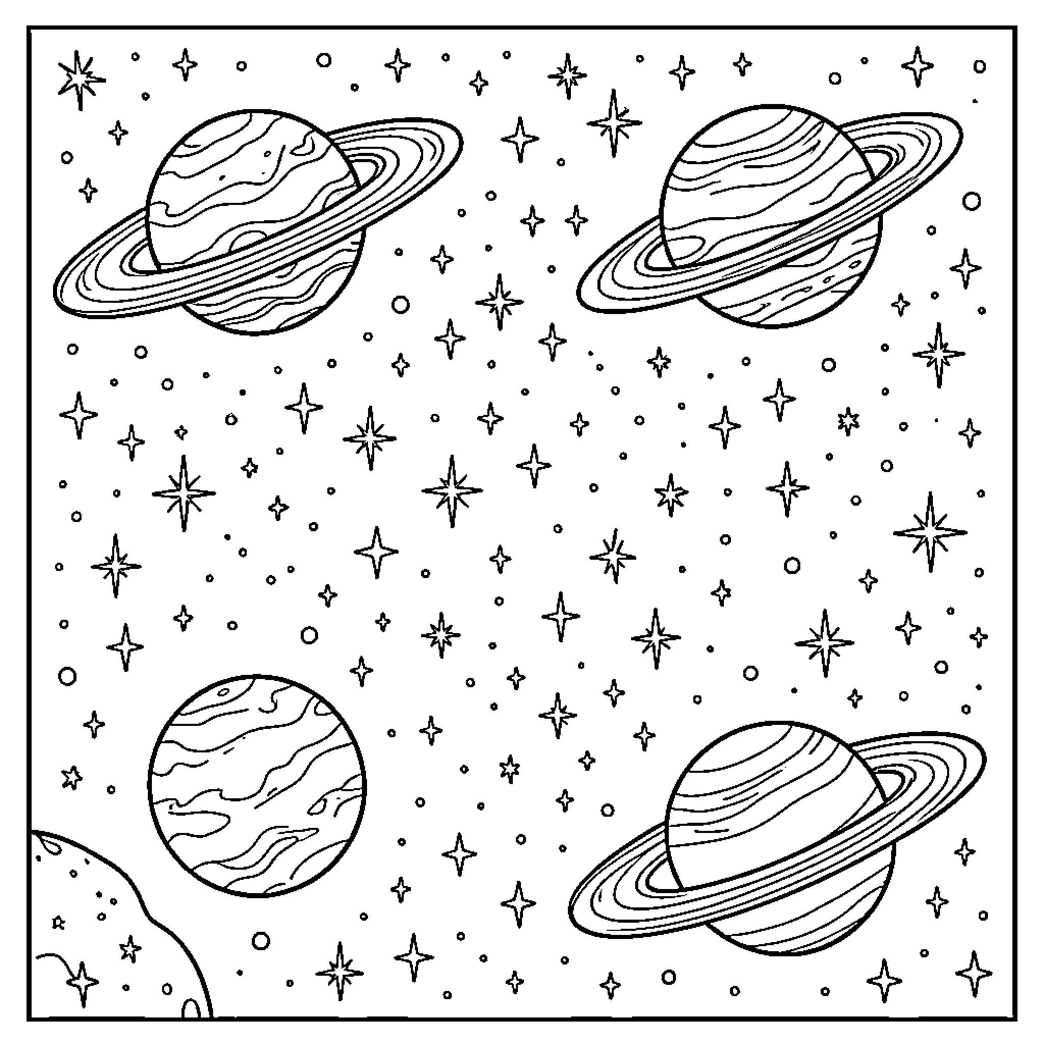 Harmony of planets drifting through a starry universe Coloring Page (free black-and-white line drawing printable PDF for all, from beginners to advanced learners, including children, teens, adults, and seniors)