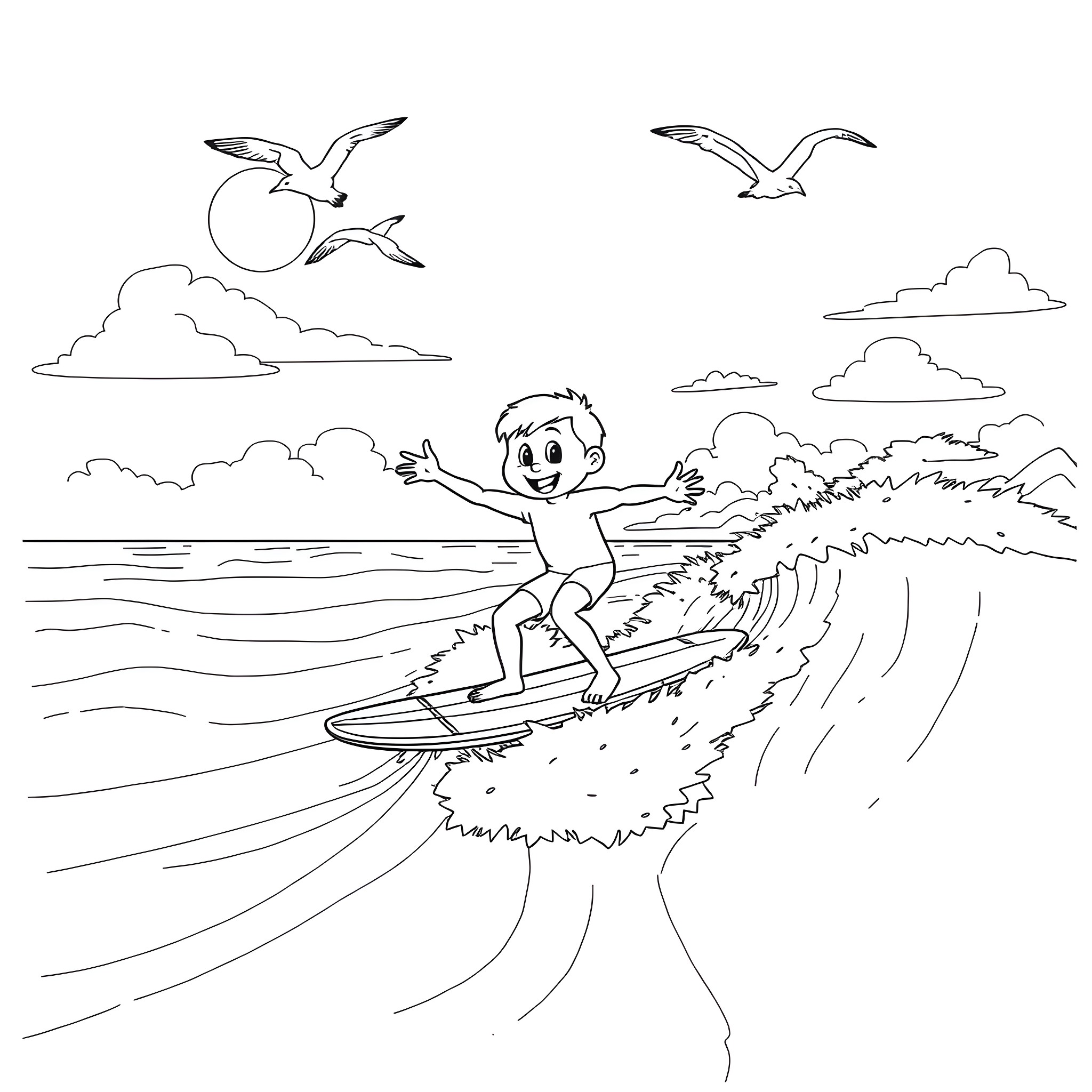 Bluey surfing happily in the ocean Coloring Page (free black-and-white line drawing printable PDF for all, from beginners to advanced learners, including children, teens, adults, and seniors)