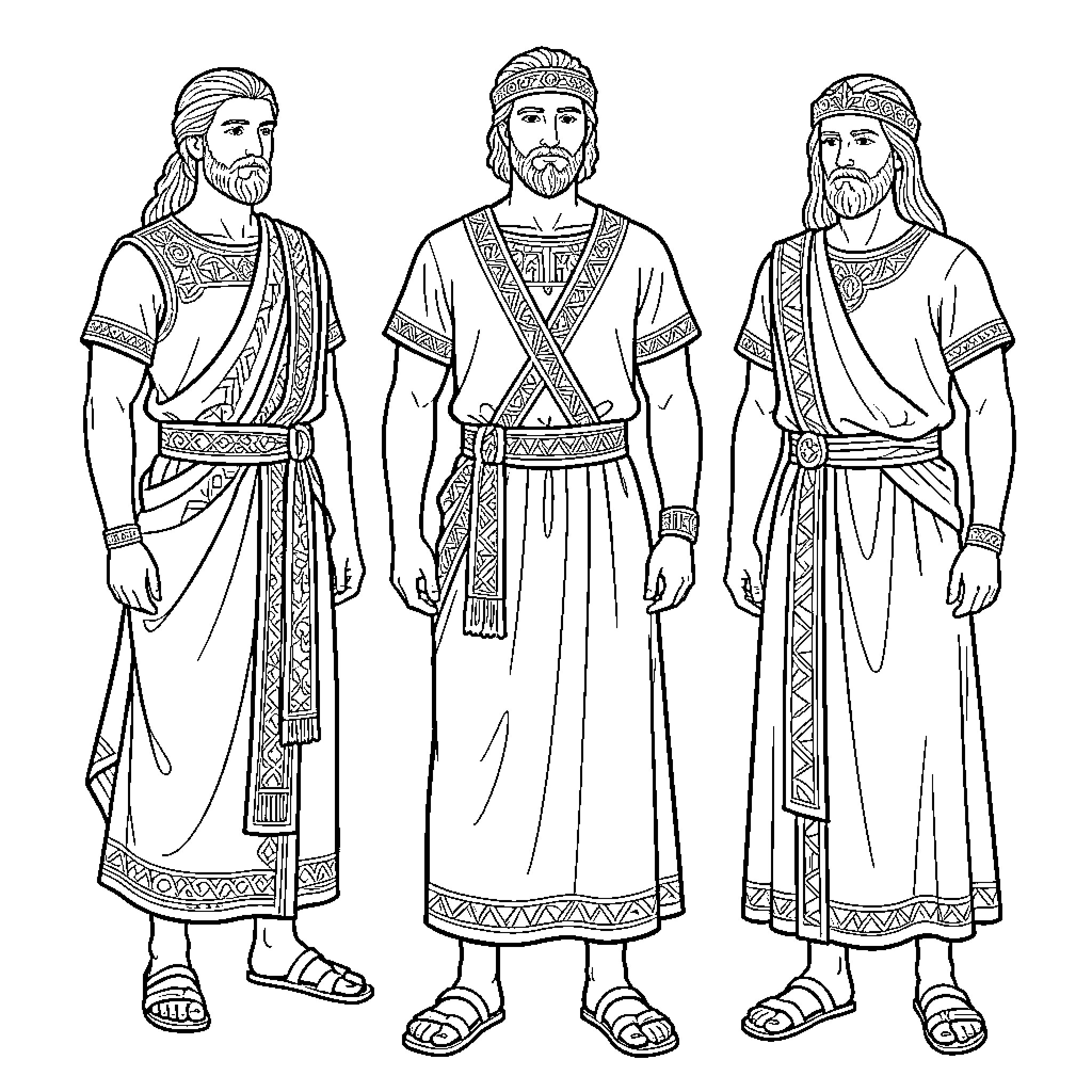 Greek Clothing - Men of Ancient Greece in Traditional Attire Coloring Page (free black-and-white line drawing printable PDF for all, from beginners to advanced learners, including children, teens, adults, and seniors)