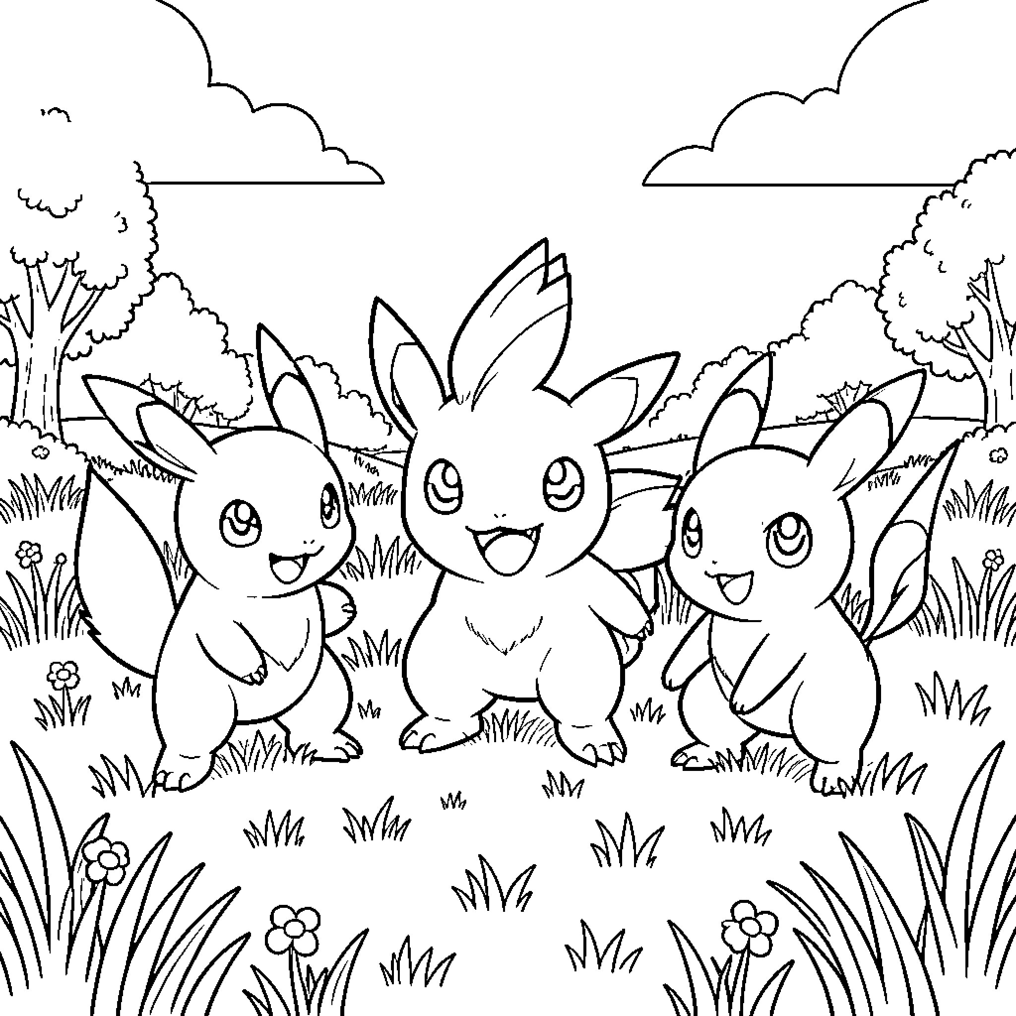 Starter Pokemon standing joyfully in a grassy field Coloring Page (free black-and-white line drawing printable PDF for all, from beginners to advanced learners, including children, teens, adults, and seniors)