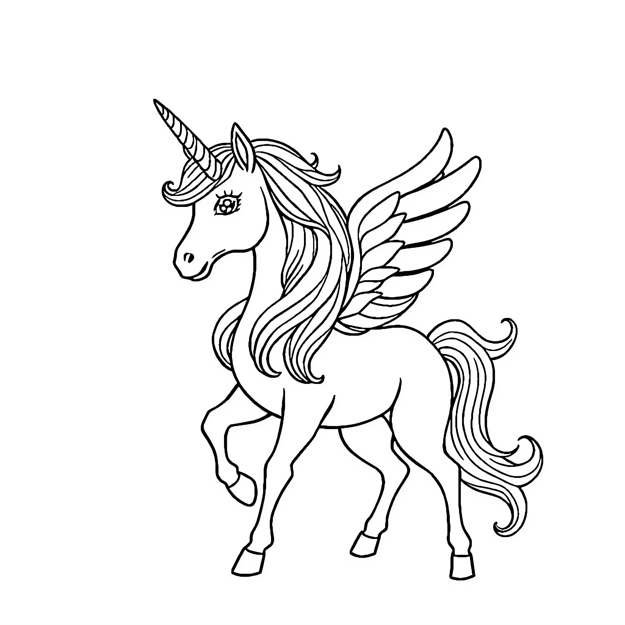 Unicorn with majestic wings soaring through the sky Coloring Page (free black-and-white line drawing printable PDF for all, from beginners to advanced learners, including children, teens, adults, and seniors)