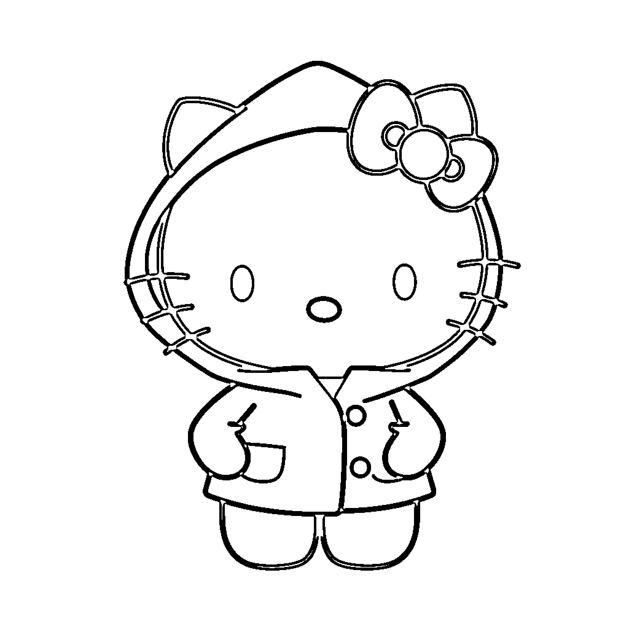 Hello Kitty standing in a cute outfit Coloring Page (free black-and-white line drawing printable PDF for all, from beginners to advanced learners, including children, teens, adults, and seniors)