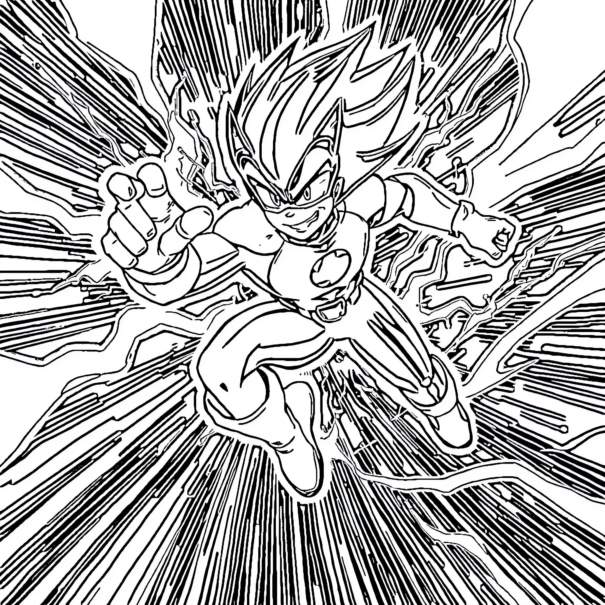 Sonic Charging Energy Blast Attack Coloring Page (free black-and-white line drawing printable PDF for all, from beginners to advanced learners, including children, teens, adults, and seniors)