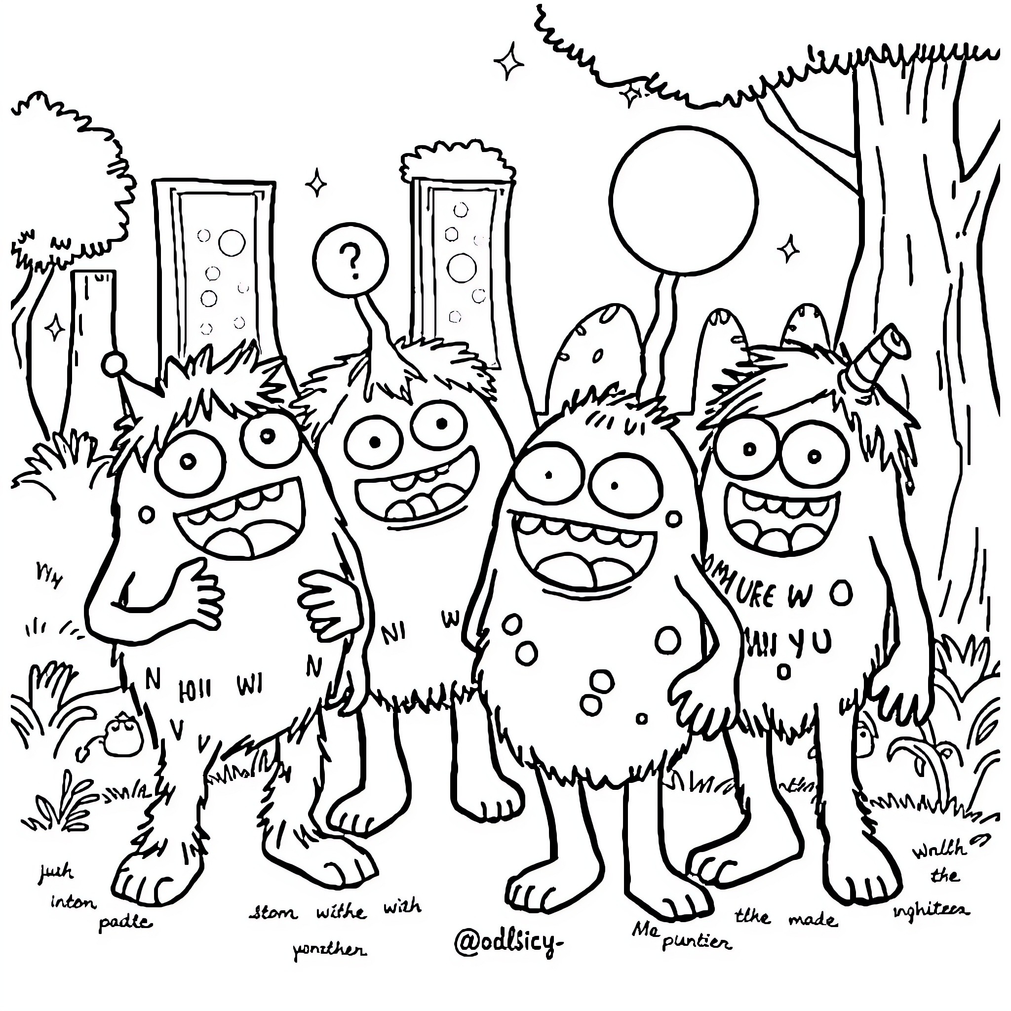 Monster friends gathered for a spooky adventure Coloring Page (free black-and-white line drawing printable PDF for all, from beginners to advanced learners, including children, teens, adults, and seniors)