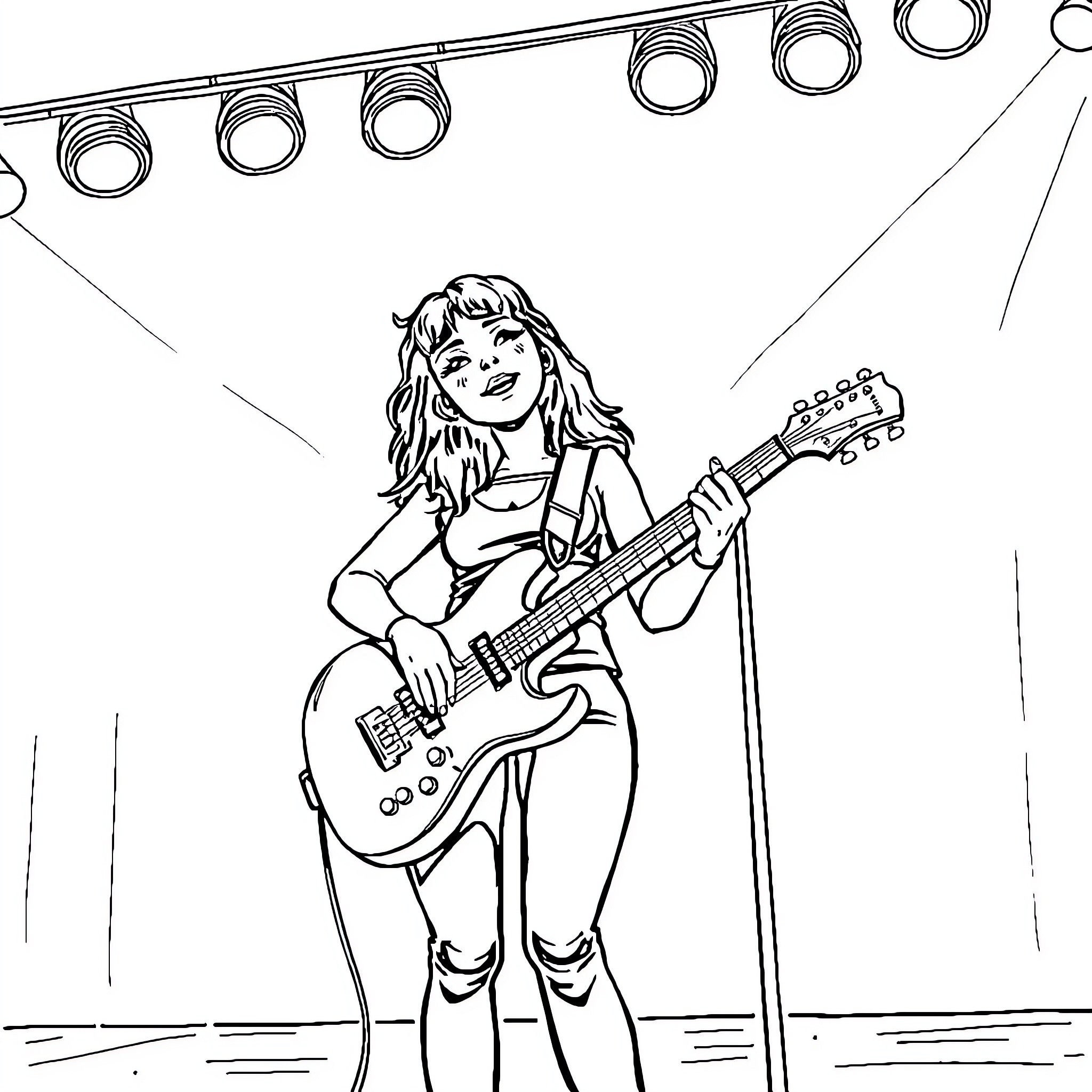 Aimyon performing on stage with electric guitar Coloring Page (free black-and-white line drawing printable PDF for all, from beginners to advanced learners, including children, teens, adults, and seniors)