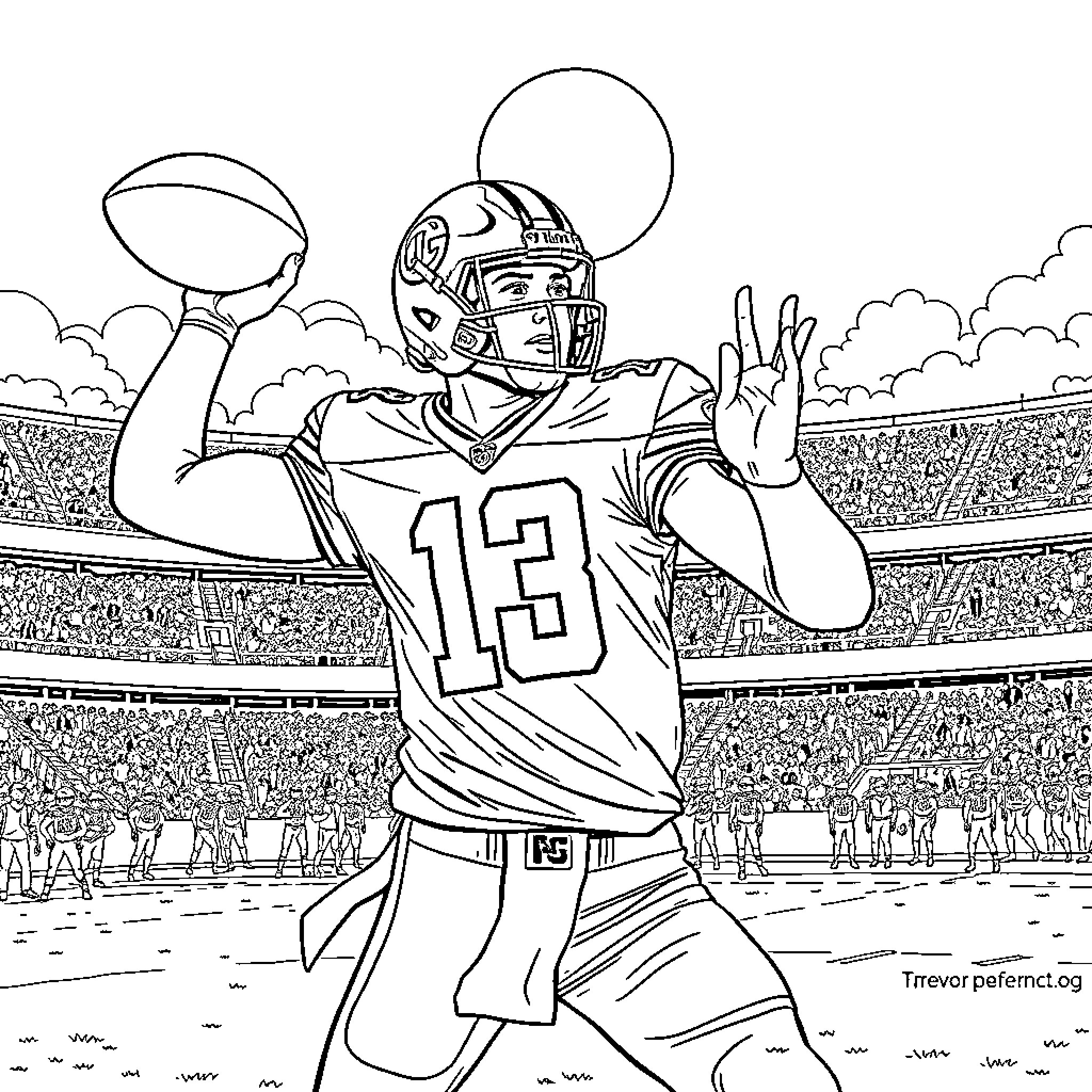 Trevor Lawrence celebrating touchdown in football stadium Coloring Page (free black-and-white line drawing printable PDF for all, from beginners to advanced learners, including children, teens, adults, and seniors)