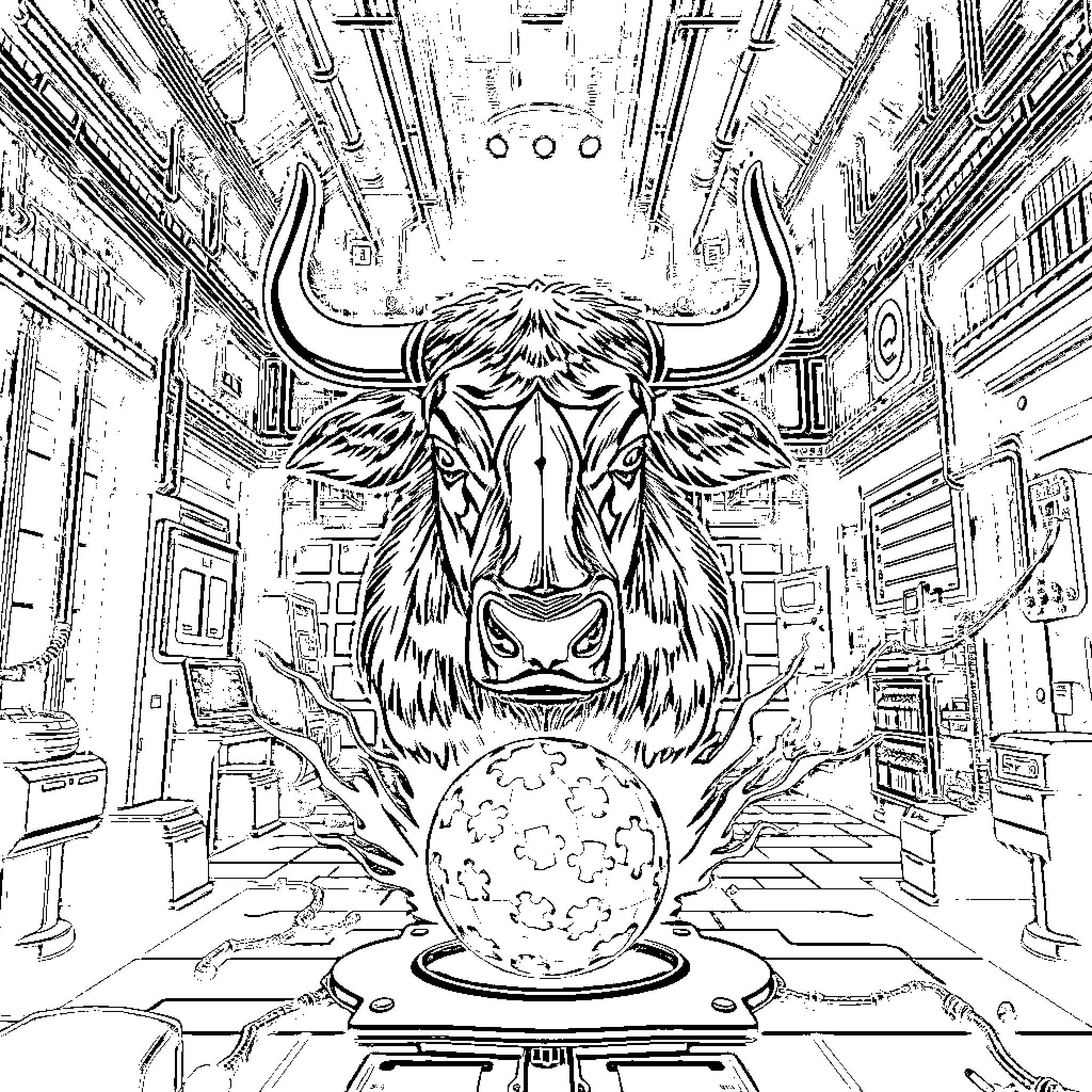Ox-Head Guarding the Ethereal Sphere Coloring Page (free black-and-white line drawing printable PDF for all, from beginners to advanced learners, including children, teens, adults, and seniors)