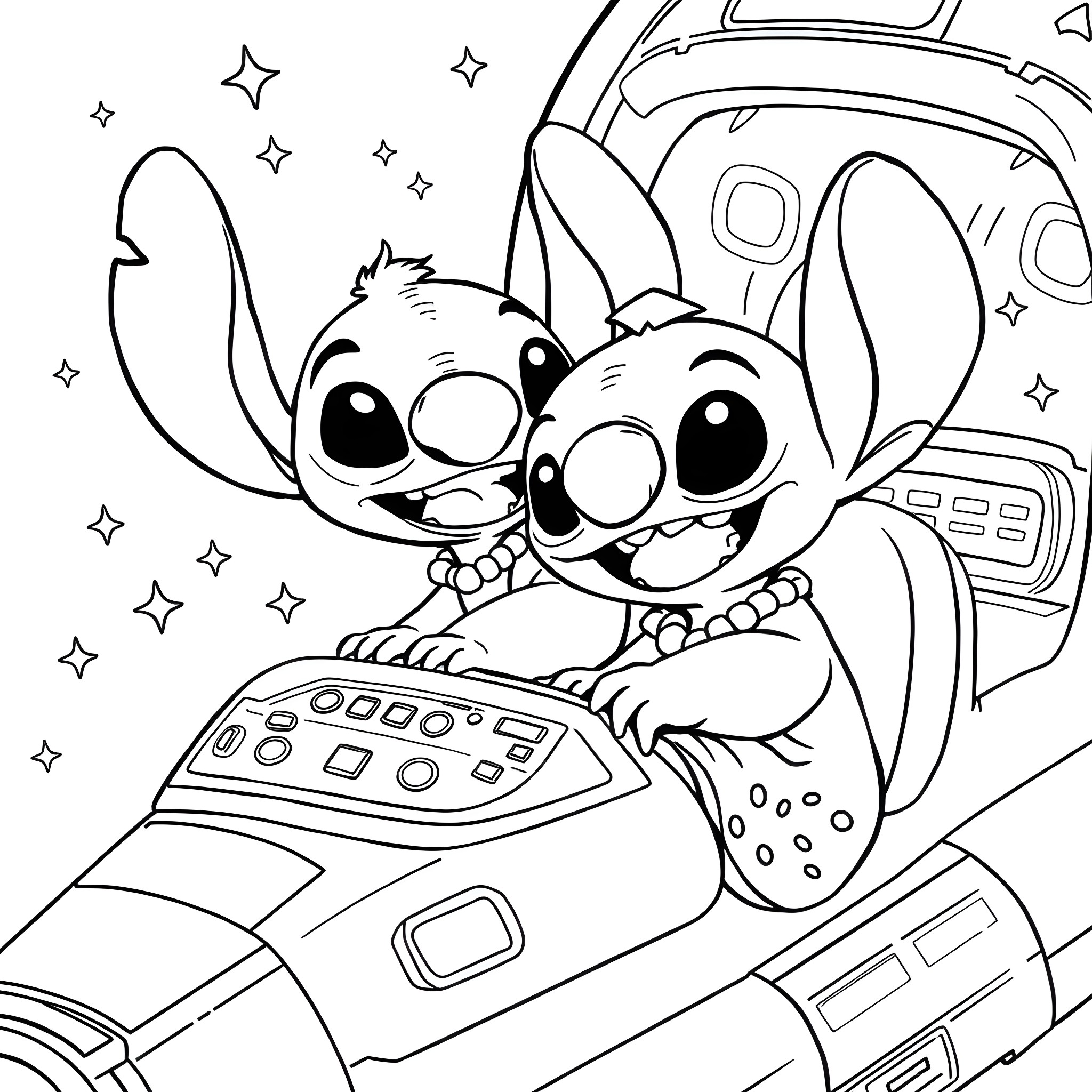 Lilo and Stitch explore the galaxy in a spaceship Coloring Page (free black-and-white line drawing printable PDF for all, from beginners to advanced learners, including children, teens, adults, and seniors)