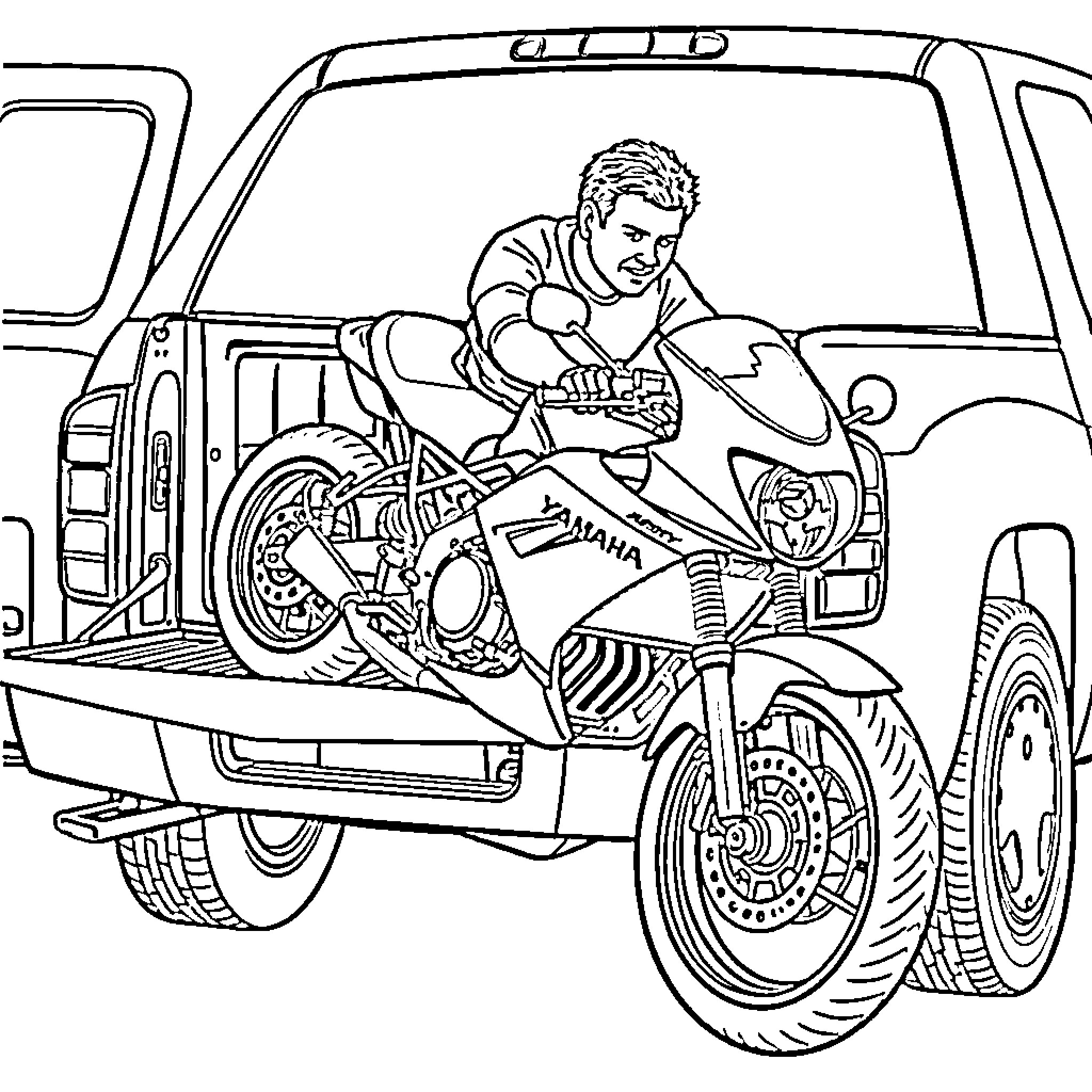 Motorcycle rider repairing his bike Coloring Page (free black-and-white line drawing printable PDF for all, from beginners to advanced learners, including children, teens, adults, and seniors)