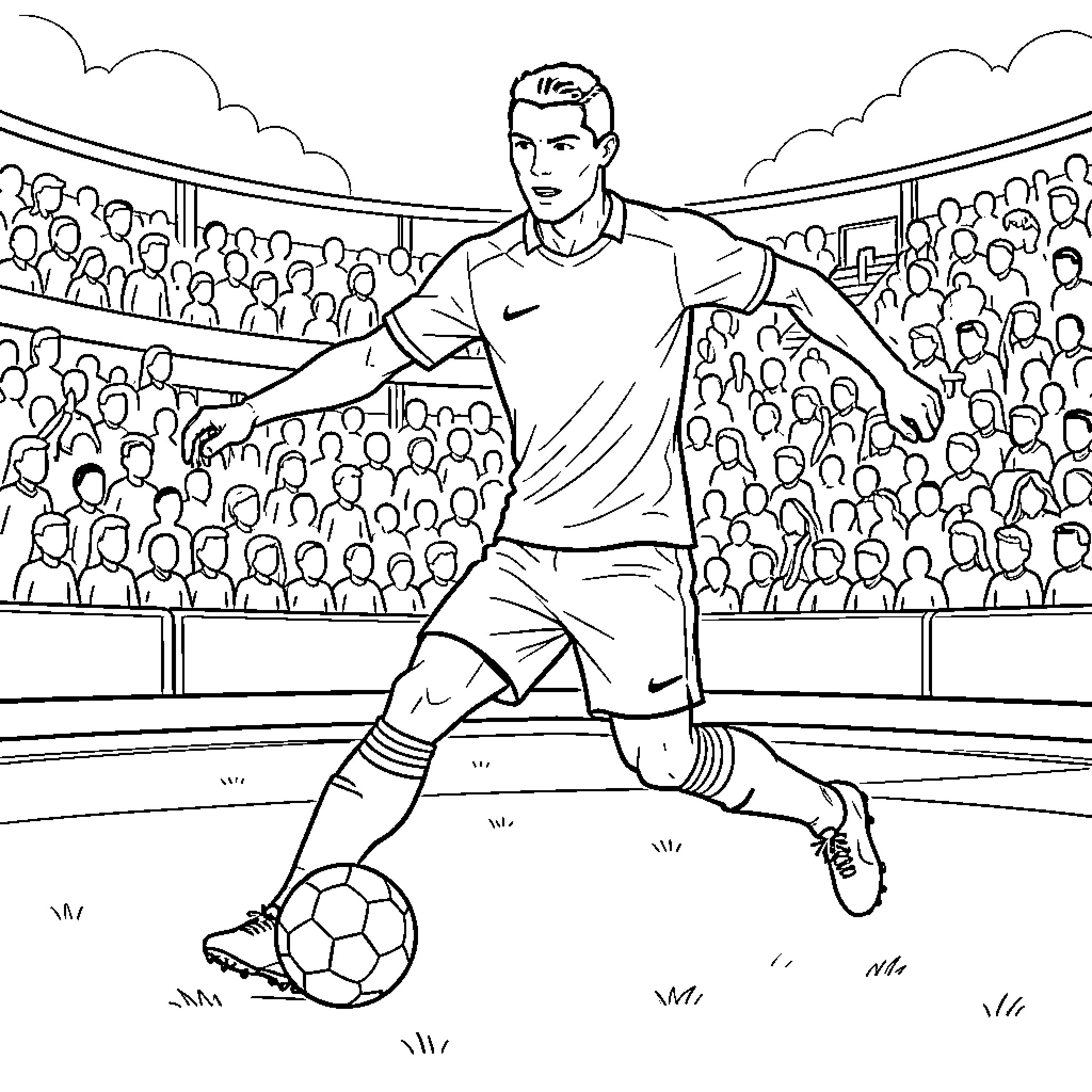 Cristiano Ronaldo dribbling a soccer ball in a stadium Coloring Page (free black-and-white line drawing printable PDF for all, from beginners to advanced learners, including children, teens, adults, and seniors)