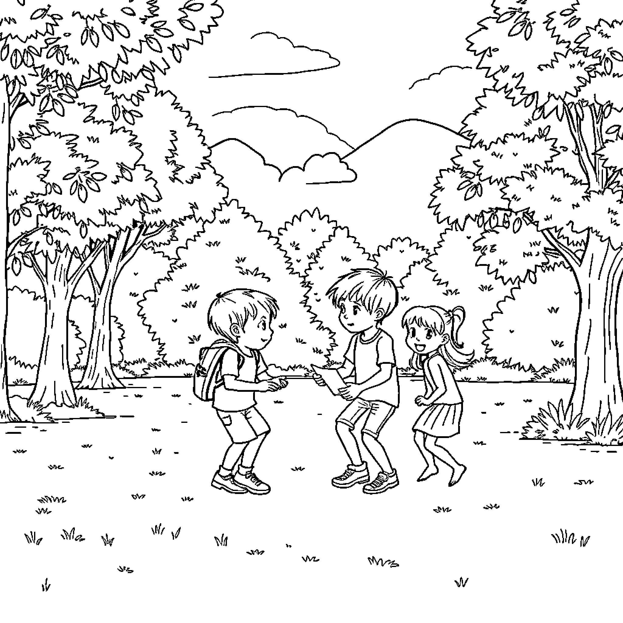 Children playing joyfully in the park Coloring Page (free black-and-white line drawing printable PDF for all, from beginners to advanced learners, including children, teens, adults, and seniors)