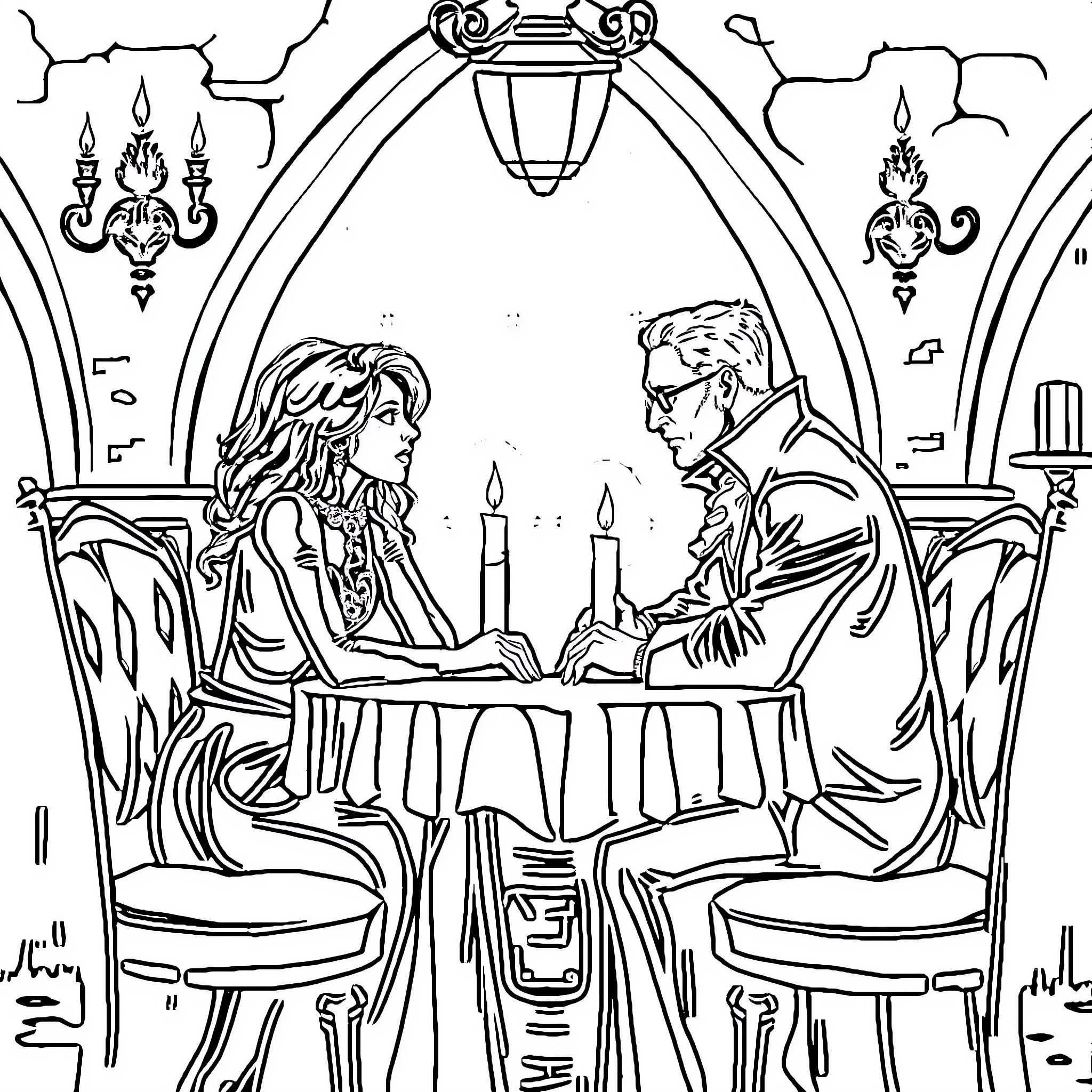 Bellatrix Enjoying a Formal Dinner with Companion Coloring Page (free black-and-white line drawing printable PDF for all, from beginners to advanced learners, including children, teens, adults, and seniors)