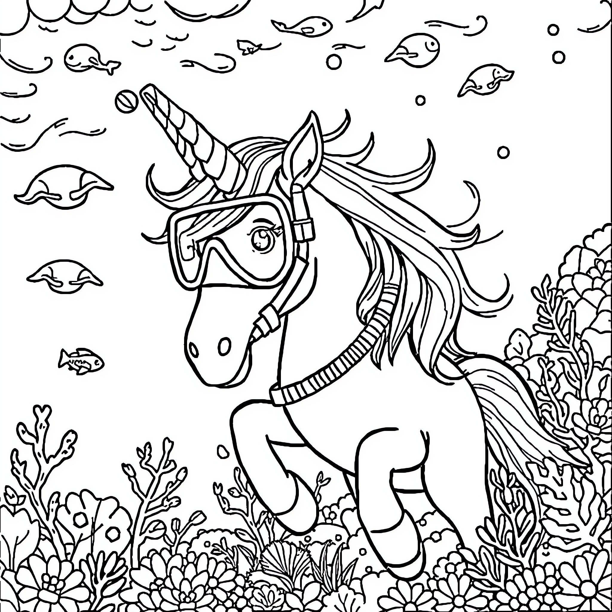 Unicorn swimming playfully in an underwater wonderland Coloring Page (free black-and-white line drawing printable PDF for all, from beginners to advanced learners, including children, teens, adults, and seniors)