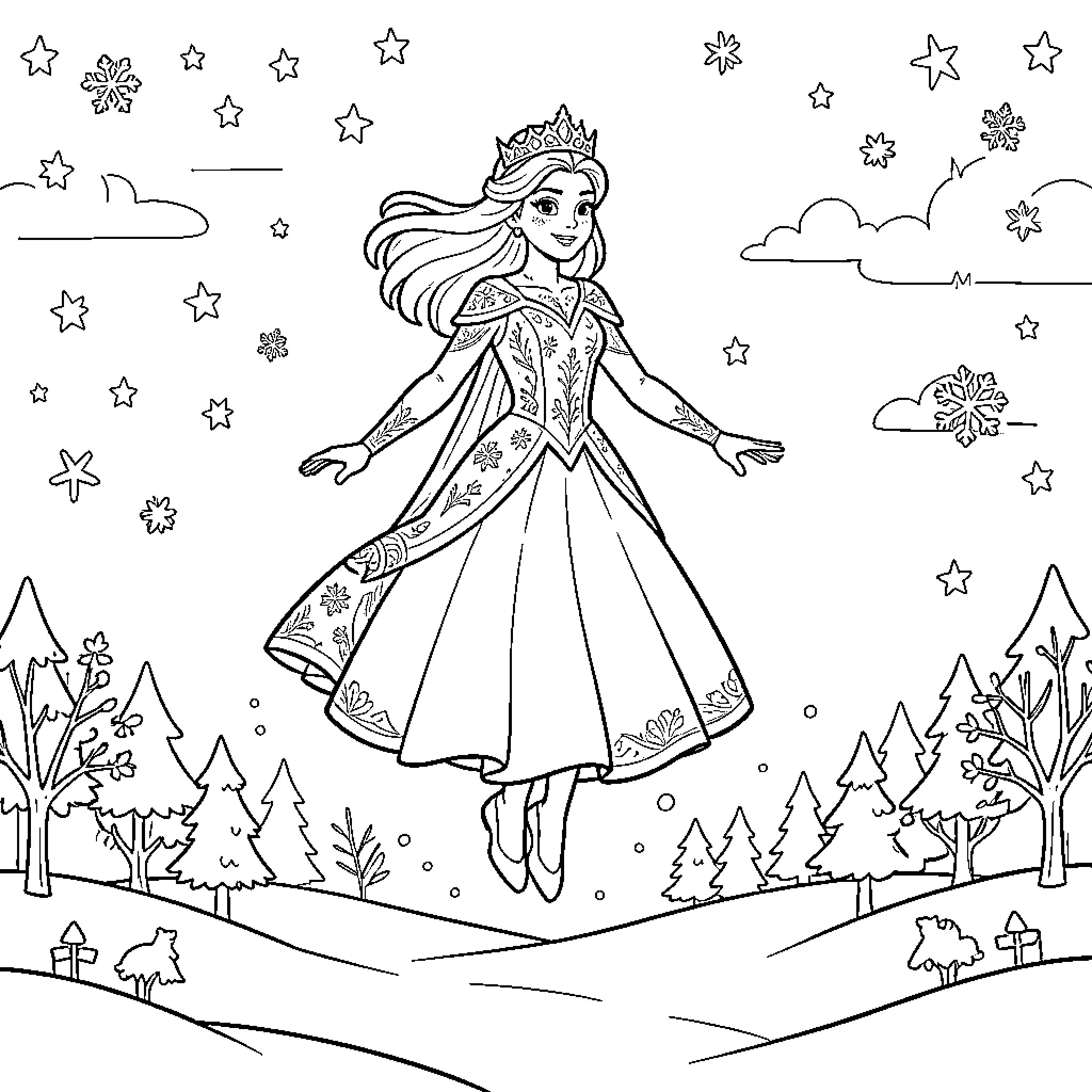 Snow Queen floating gracefully in a winter landscape Coloring Page (free black-and-white line drawing printable PDF for all, from beginners to advanced learners, including children, teens, adults, and seniors)