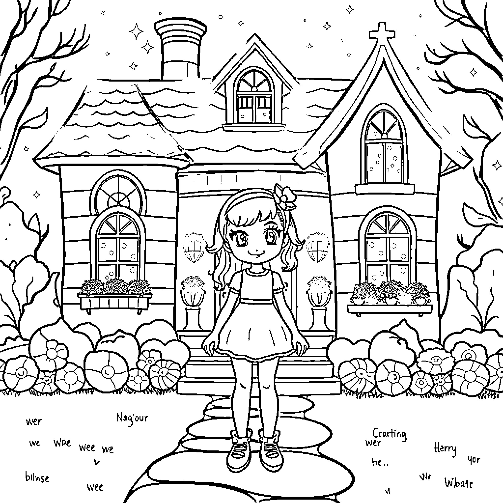 Gabby's Enchanting Stroll Through the Whimsical Cottage Garden Coloring Page (free black-and-white line drawing printable PDF for all, from beginners to advanced learners, including children, teens, adults, and seniors)