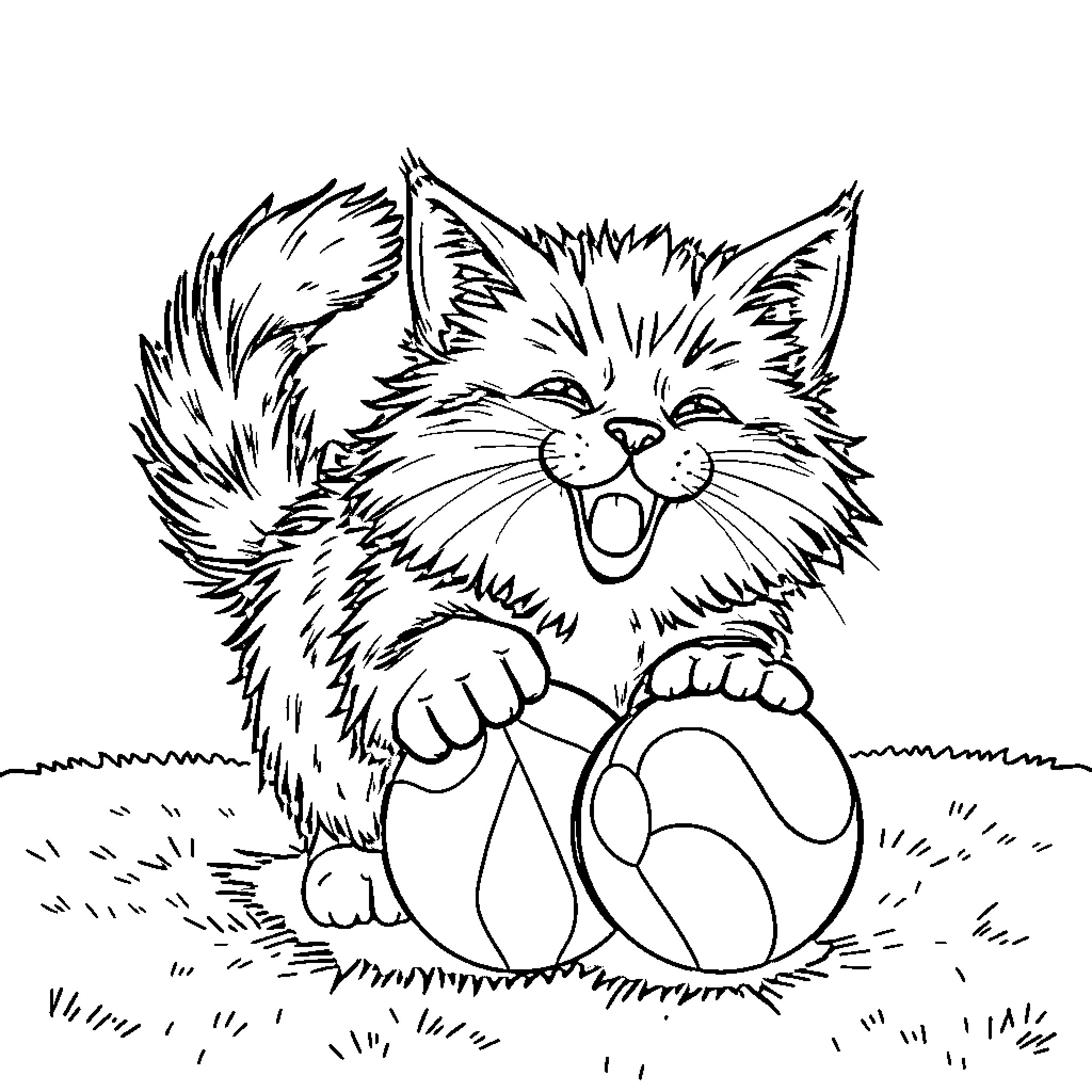 Cat Playfully Embracing Ball on Grassy Field Coloring Page (free black-and-white line drawing printable PDF for all, from beginners to advanced learners, including children, teens, adults, and seniors)