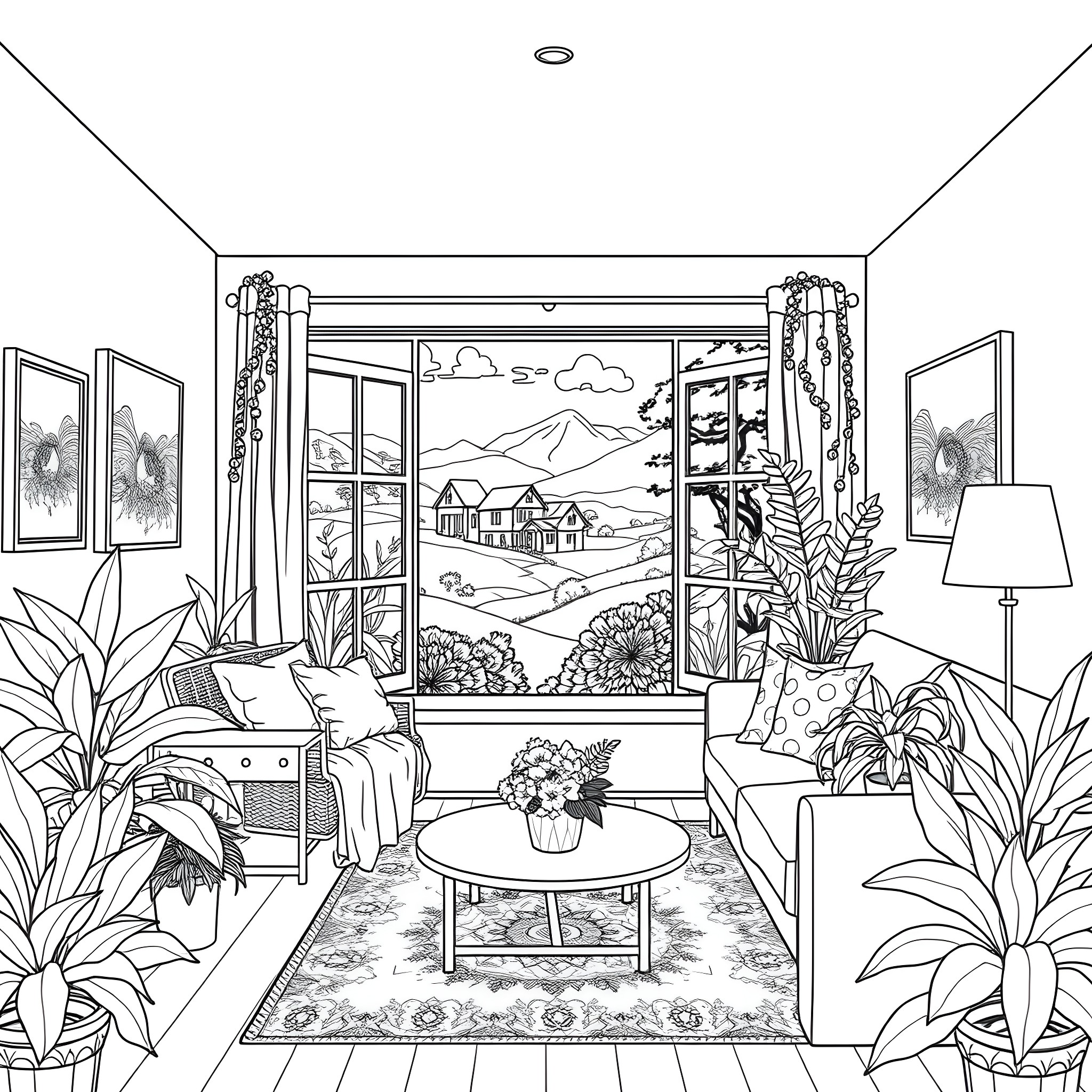 Plant-filled cozy home with scenic mountain view through window Coloring Page (free black-and-white line drawing printable PDF for all, from beginners to advanced learners, including children, teens, adults, and seniors)