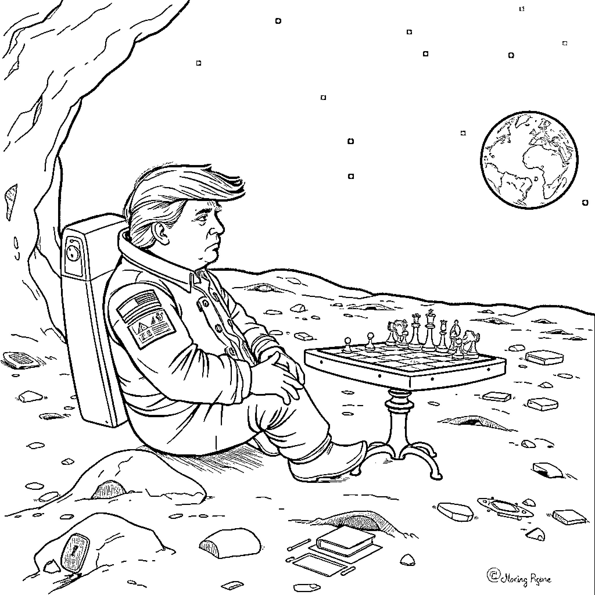 Donald Trump playing chess in the wilderness Coloring Page (free black-and-white line drawing printable PDF for all, from beginners to advanced learners, including children, teens, adults, and seniors)