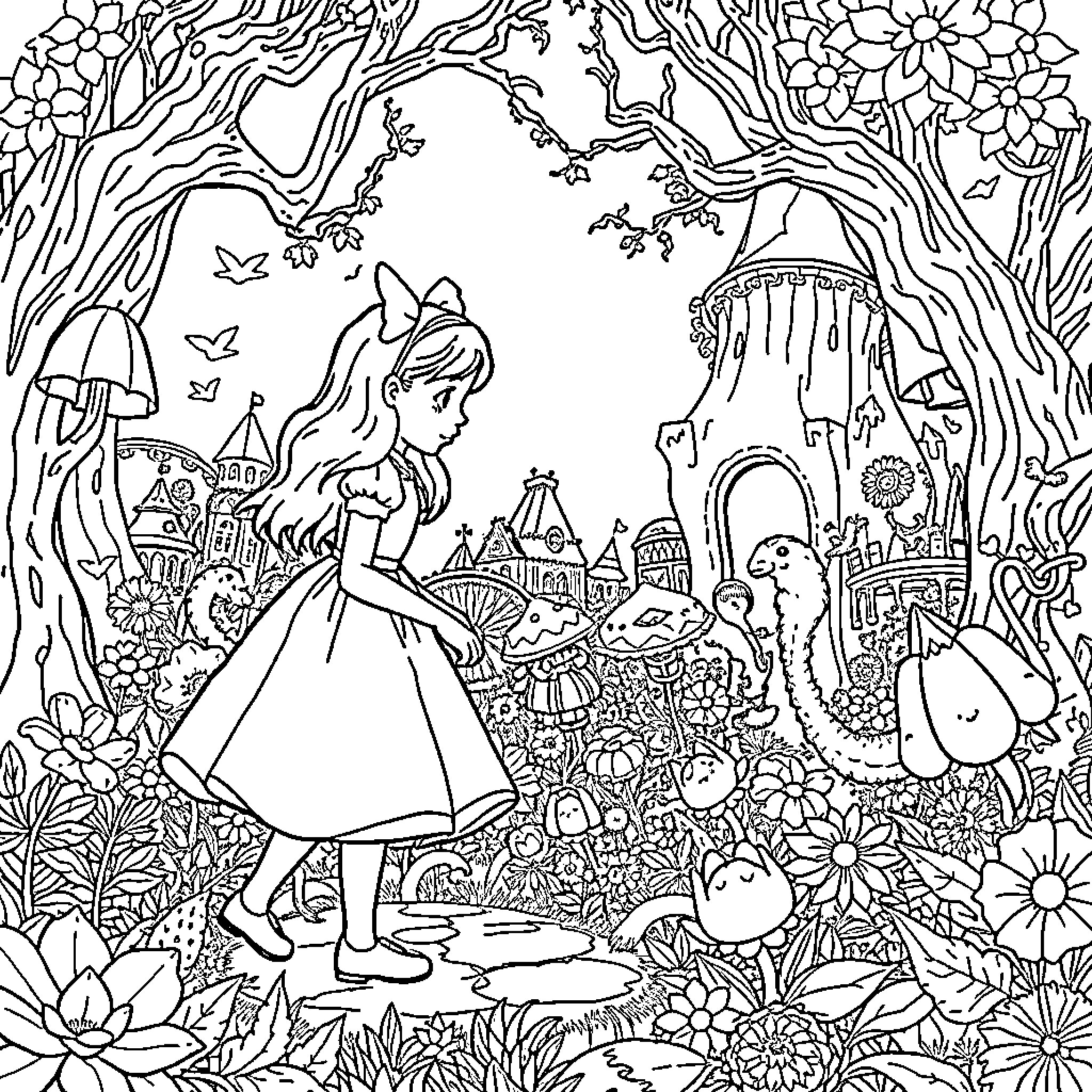 Alice's Enchanting Adventure in a Whimsical Wonderland Coloring Page (free black-and-white line drawing printable PDF for all, from beginners to advanced learners, including children, teens, adults, and seniors)