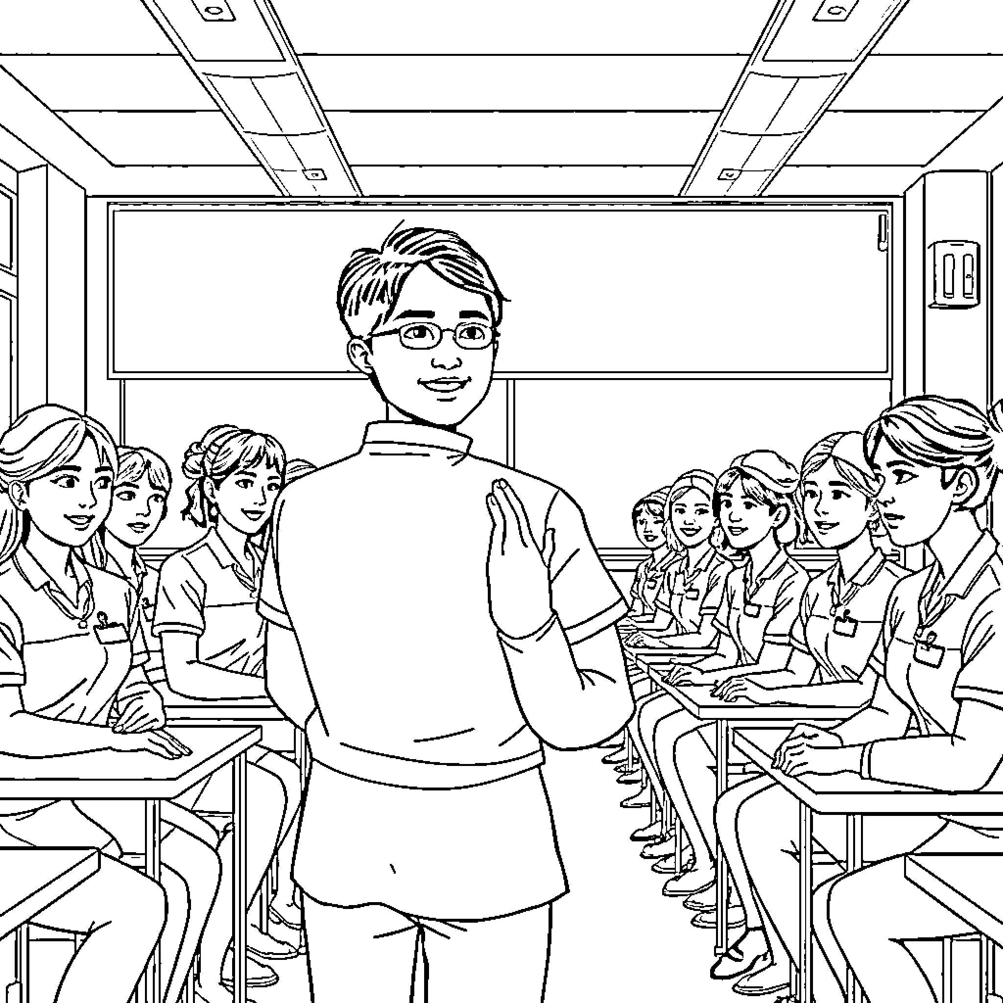Teacher Instructing Students in Classroom Coloring Page (free black-and-white line drawing printable PDF for all, from beginners to advanced learners, including children, teens, adults, and seniors)
