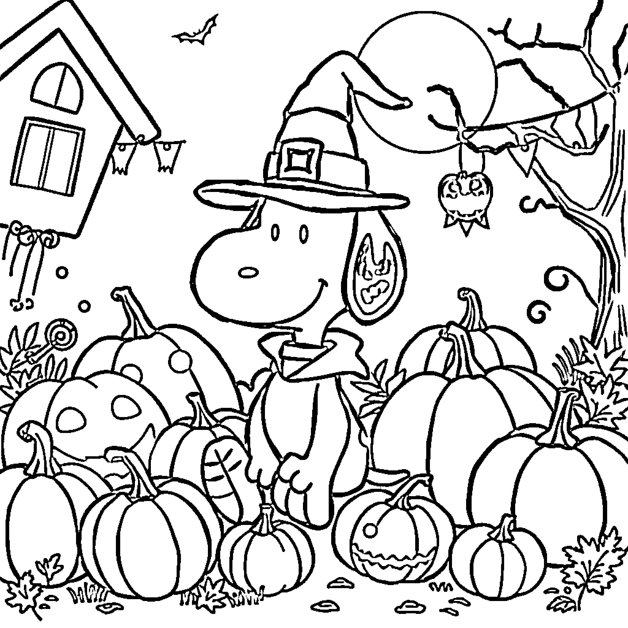 Snoopy enjoying a spooky Halloween with pumpkins Coloring Page (free black-and-white line drawing printable PDF for all, from beginners to advanced learners, including children, teens, adults, and seniors)