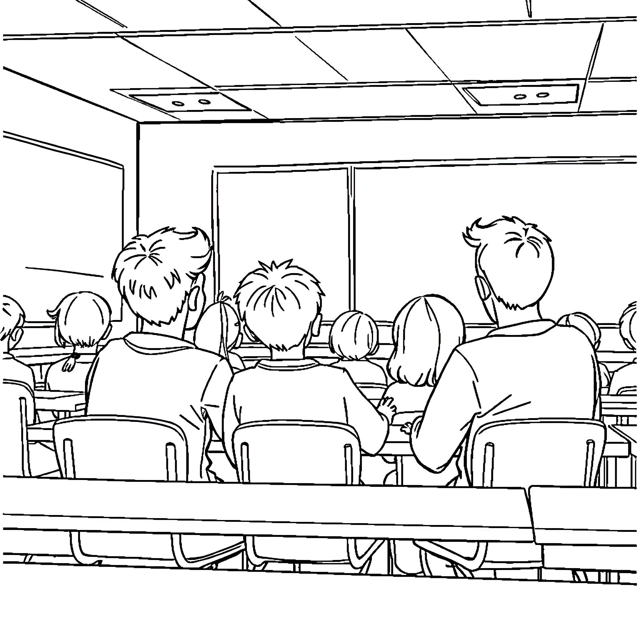 Students seated in a classroom setting Coloring Page (free black-and-white line drawing printable PDF for all, from beginners to advanced learners, including children, teens, adults, and seniors)