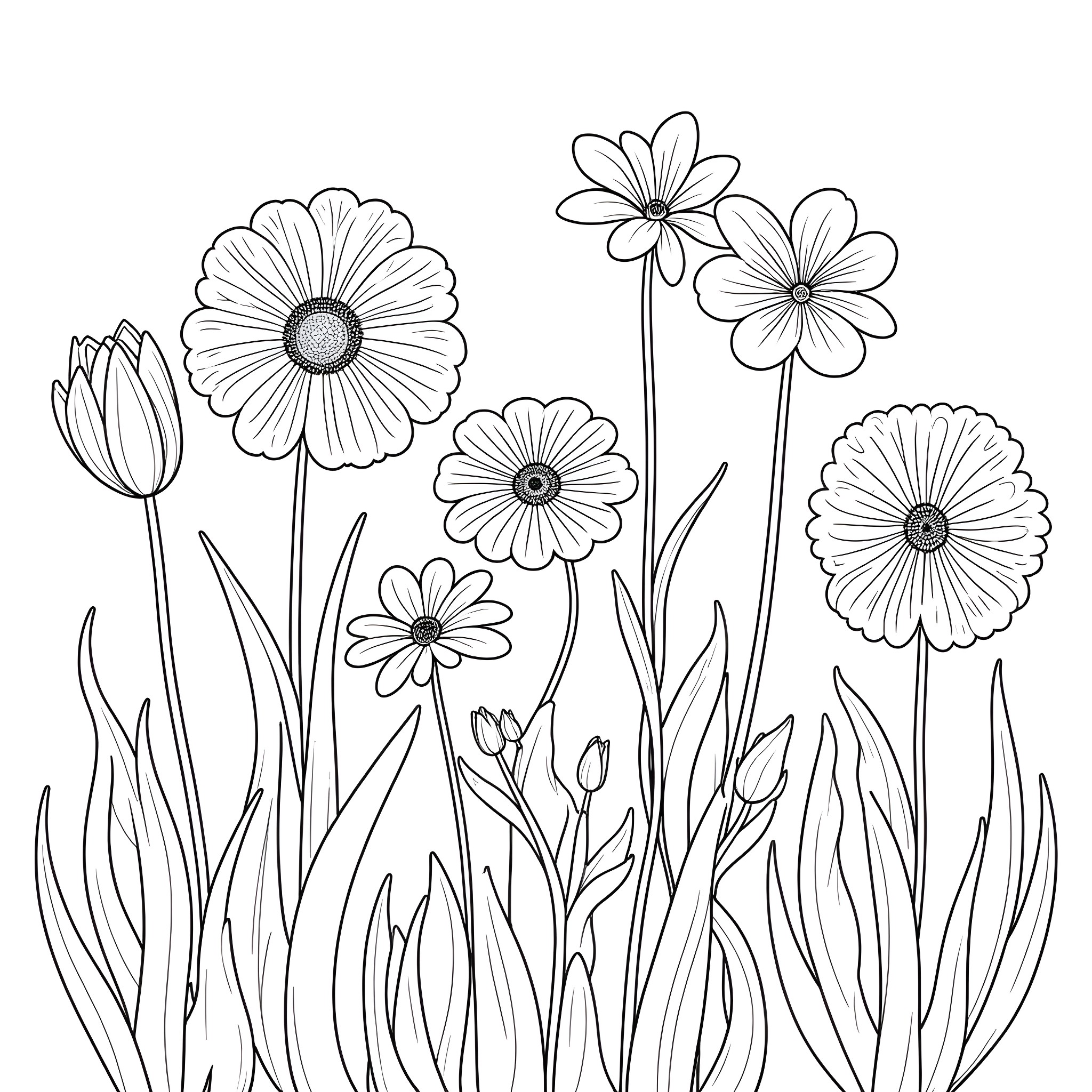 Flower Garden with Blooming Flowers Coloring Page (free black-and-white line drawing printable PDF for all, from beginners to advanced learners, including children, teens, adults, and seniors)