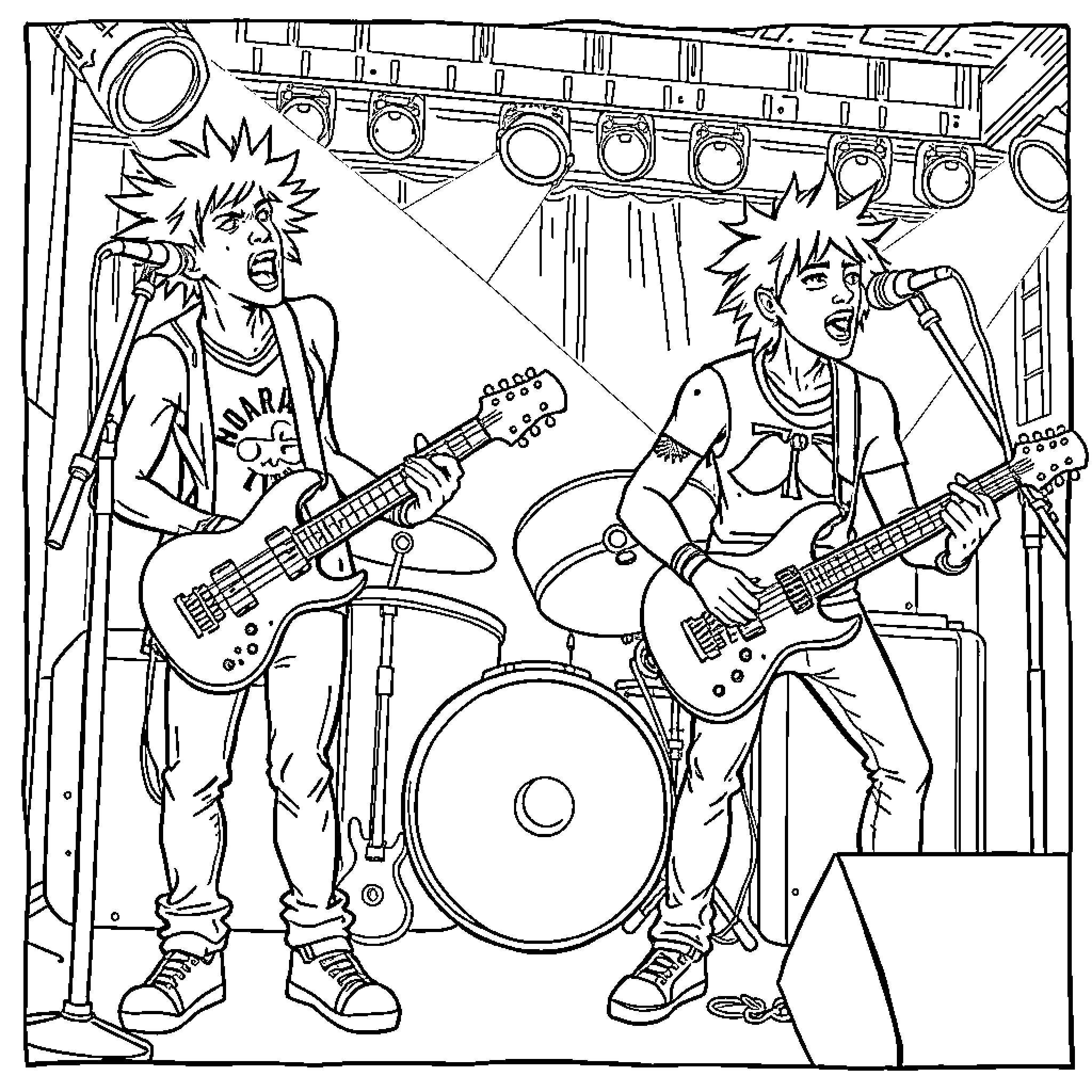 Punk Band Performing Energetically on Stage Coloring Page (free black-and-white line drawing printable PDF for all, from beginners to advanced learners, including children, teens, adults, and seniors)