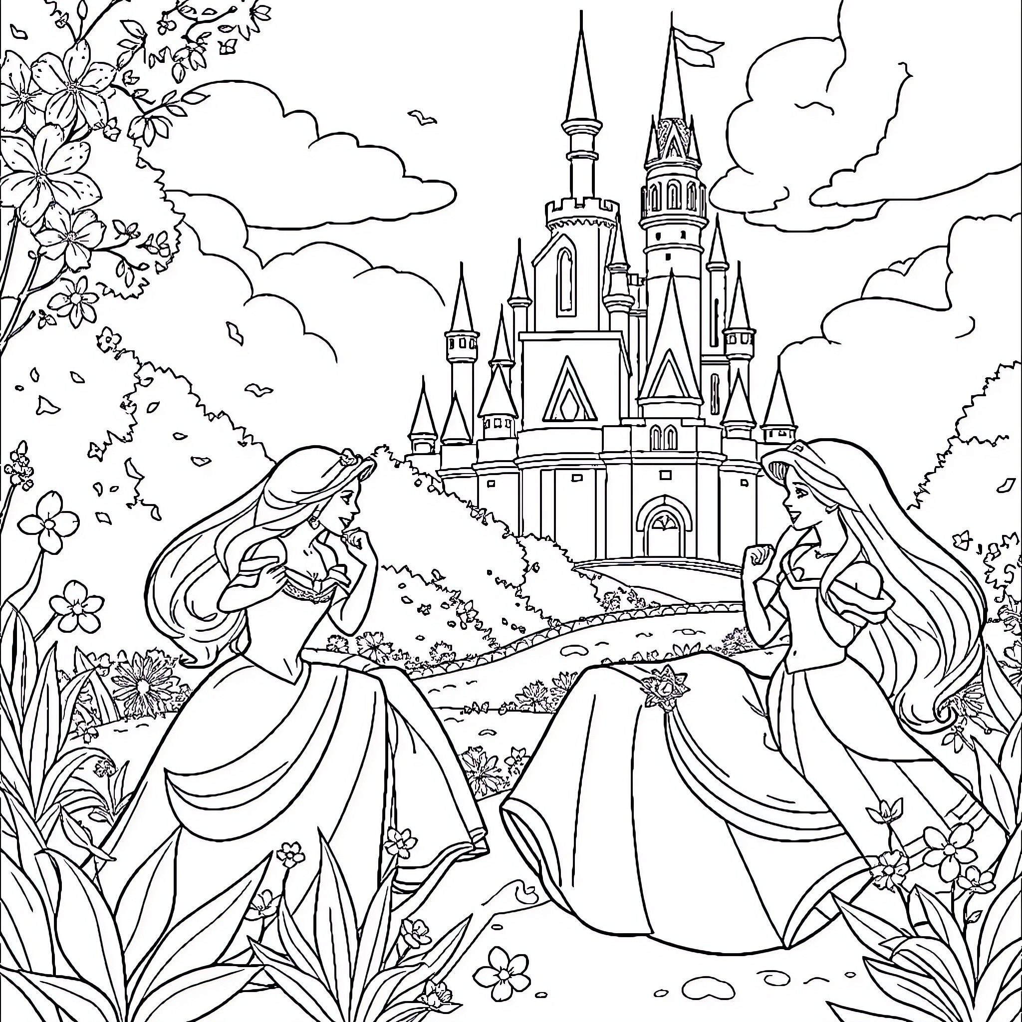 Princess Enjoying Serene Outdoor Palace Scene Coloring Page (free black-and-white line drawing printable PDF for all, from beginners to advanced learners, including children, teens, adults, and seniors)