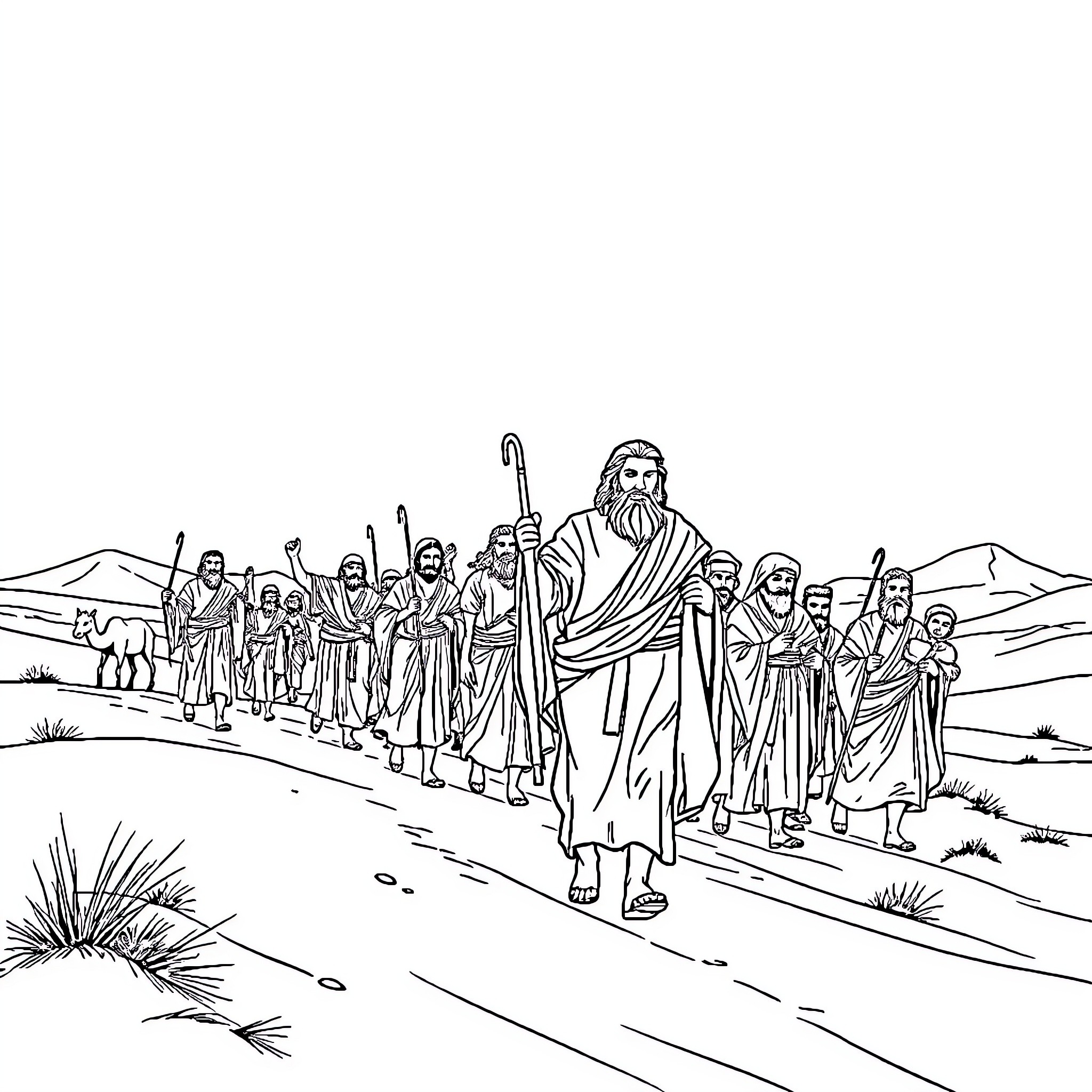 Moses leading his people through the wilderness Coloring Page (free black-and-white line drawing printable PDF for all, from beginners to advanced learners, including children, teens, adults, and seniors)