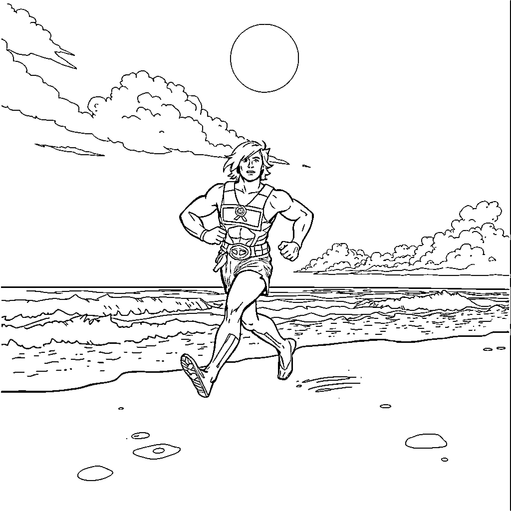 He-Man Running Powerfully on Beach Coloring Page (free black-and-white line drawing printable PDF for all, from beginners to advanced learners, including children, teens, adults, and seniors)
