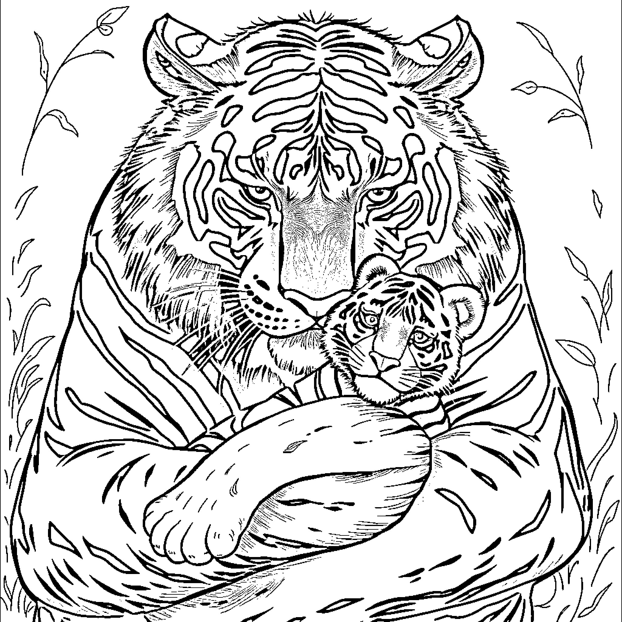 Tiger resting with cub in nature setting Coloring Page (free black-and-white line drawing printable PDF for all, from beginners to advanced learners, including children, teens, adults, and seniors)