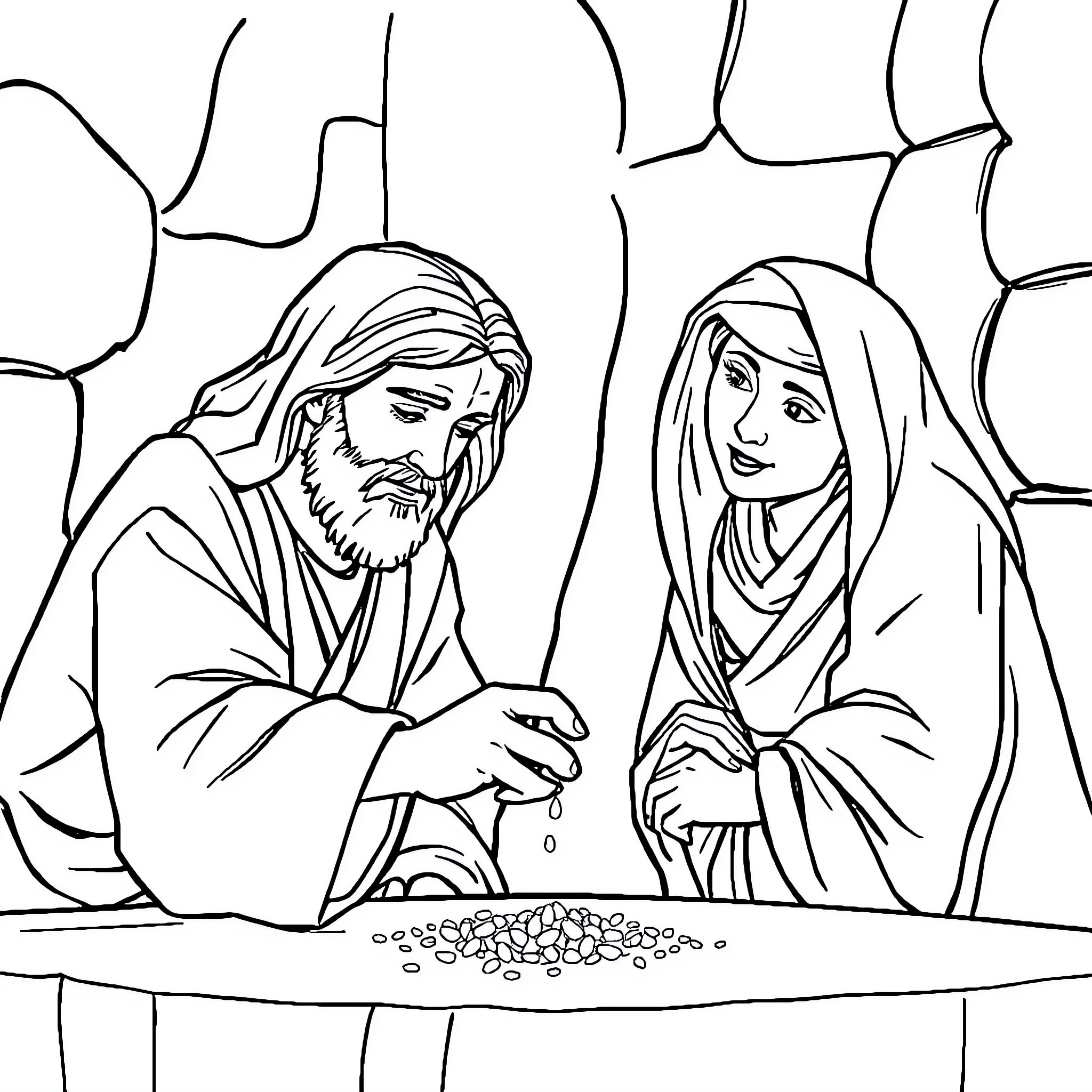 Jesus teaching his disciples in the temple Coloring Page (free black-and-white line drawing printable PDF for all, from beginners to advanced learners, including children, teens, adults, and seniors)