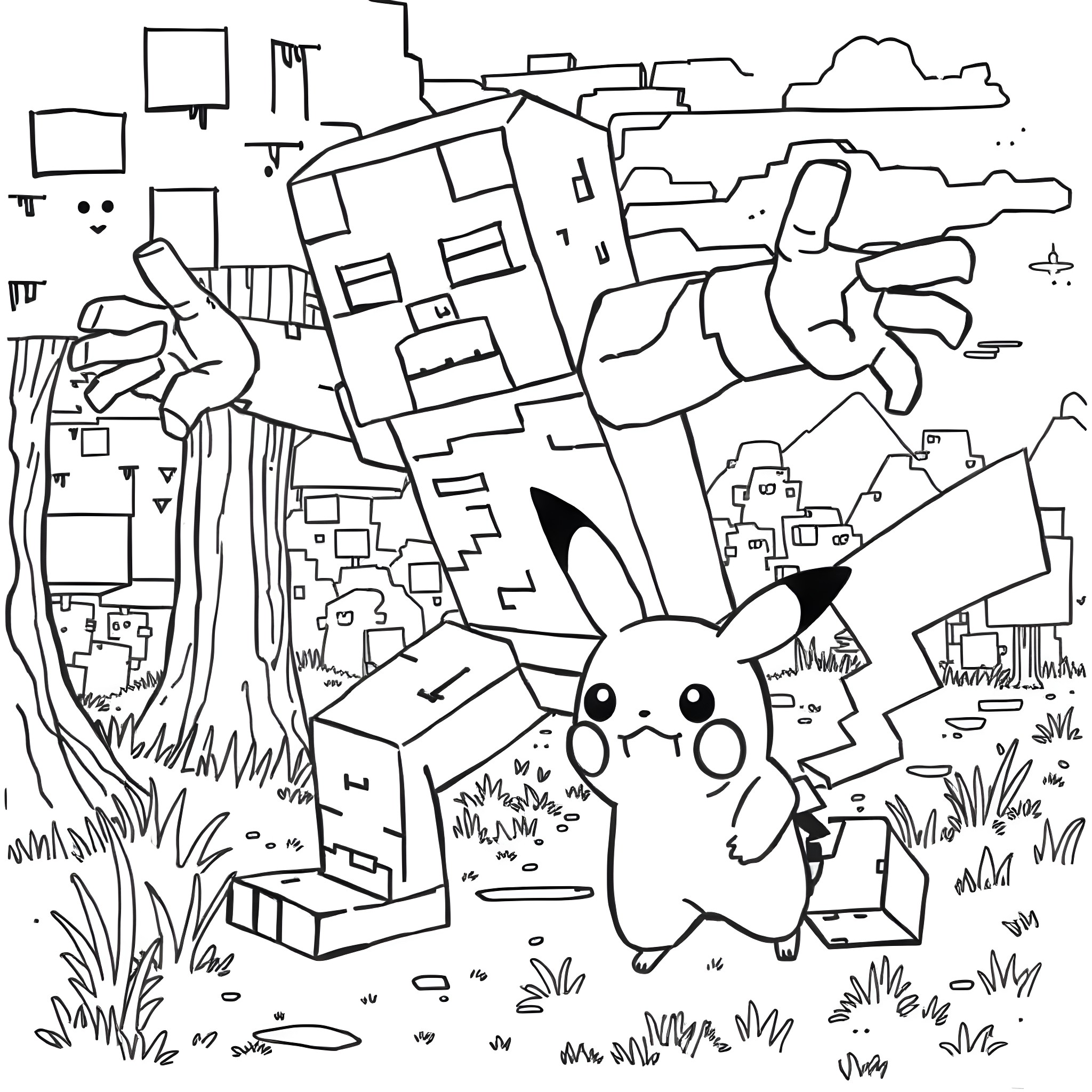 Zombie Pikachu exploring a blocky, pixelated landscape Coloring Page (free black-and-white line drawing printable PDF for all, from beginners to advanced learners, including children, teens, adults, and seniors)