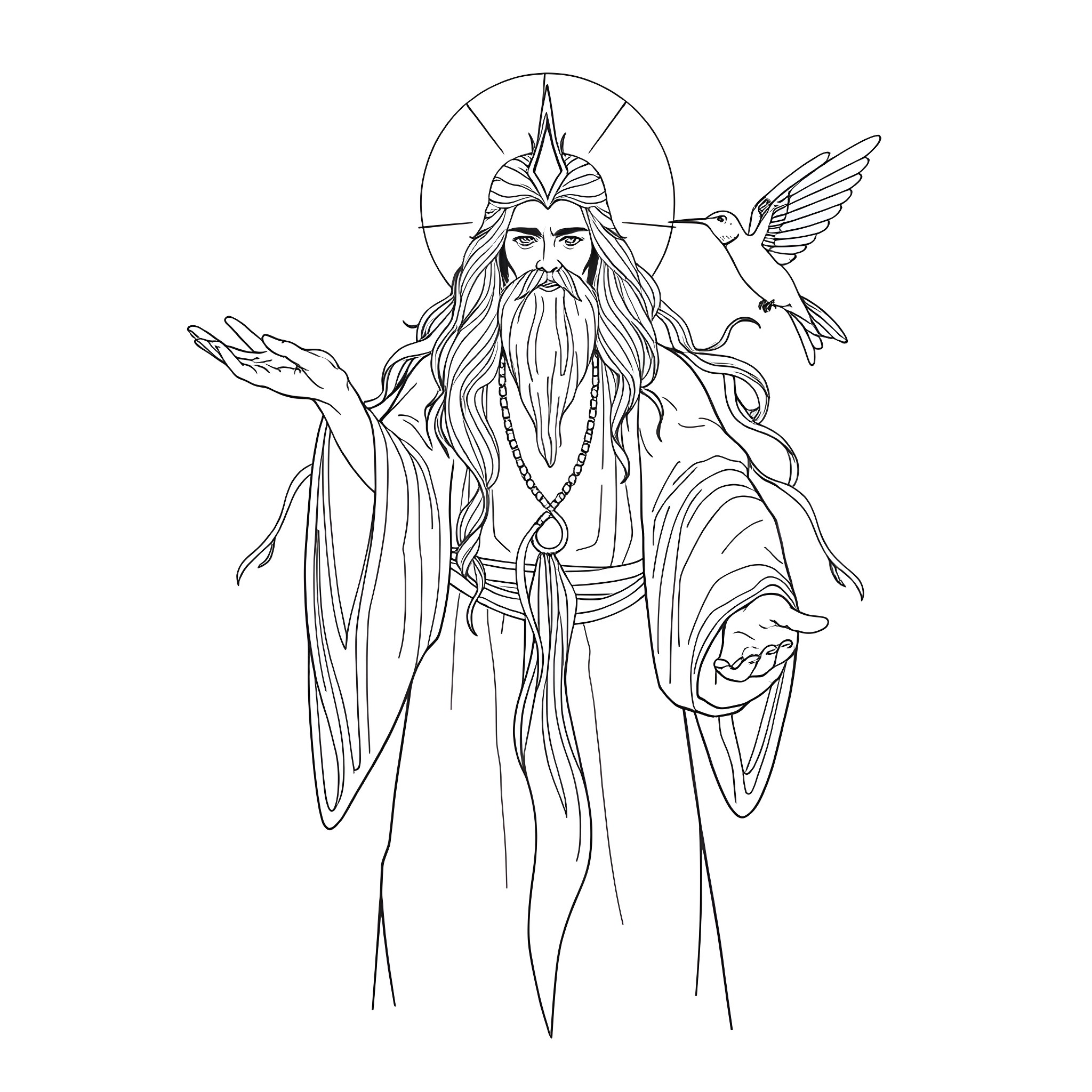 Spirit of the Mystic Shaman Coloring Page (free black-and-white line drawing printable PDF for all, from beginners to advanced learners, including children, teens, adults, and seniors)