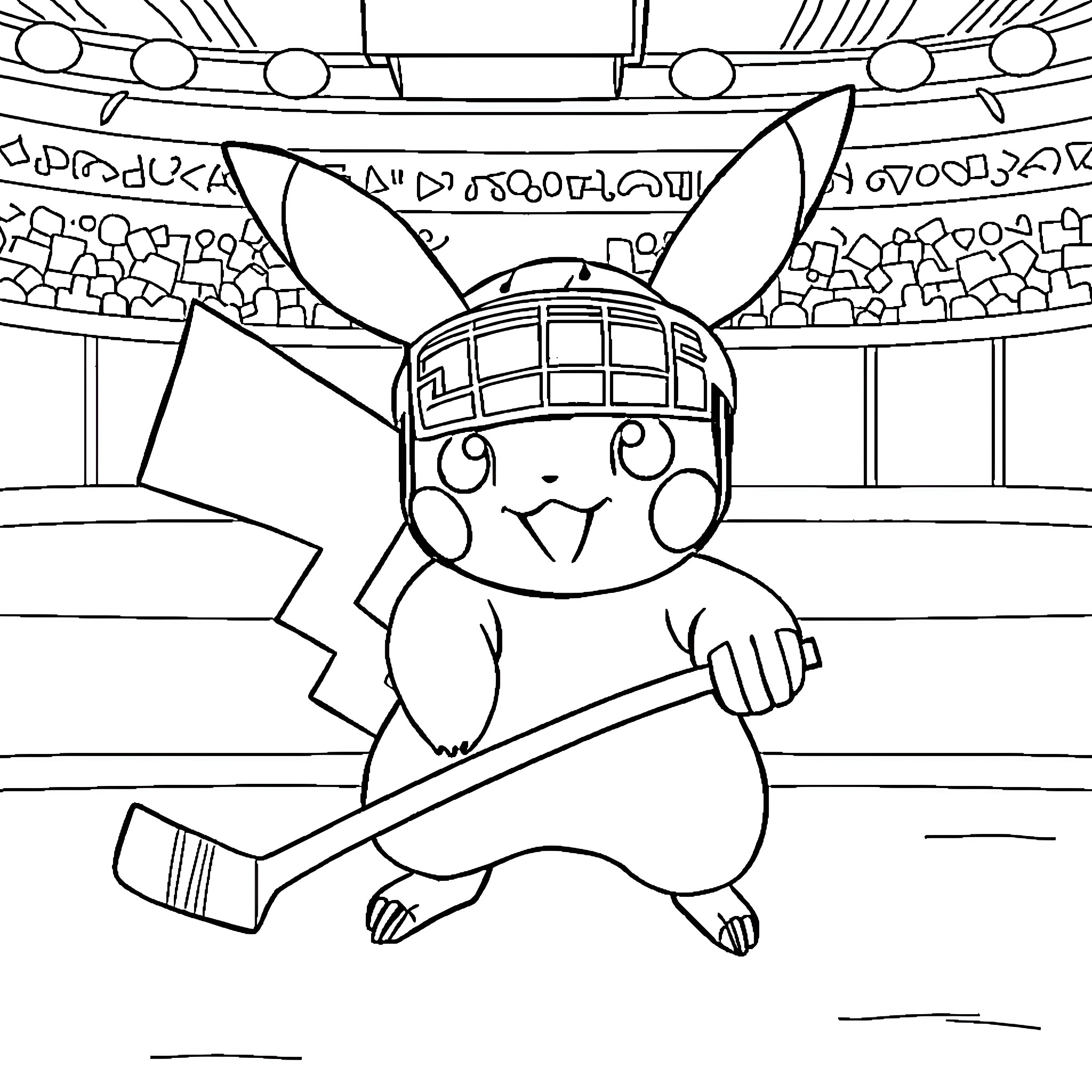 Pikachu playing baseball in a stadium Coloring Page (free black-and-white line drawing printable PDF for all, from beginners to advanced learners, including children, teens, adults, and seniors)