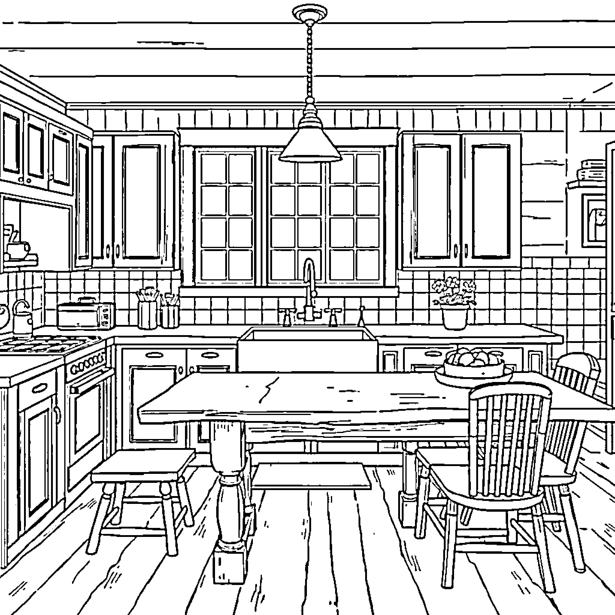 Kitchen with Rustic Furniture and Cozy Atmosphere Coloring Page (free black-and-white line drawing printable PDF for all, from beginners to advanced learners, including children, teens, adults, and seniors)