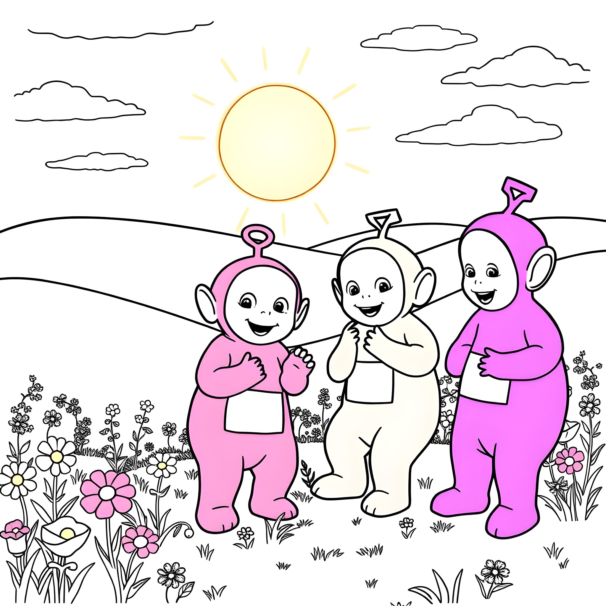 Teletubby friends enjoying a sunny day outdoors Coloring Page (free black-and-white line drawing printable PDF for all, from beginners to advanced learners, including children, teens, adults, and seniors)